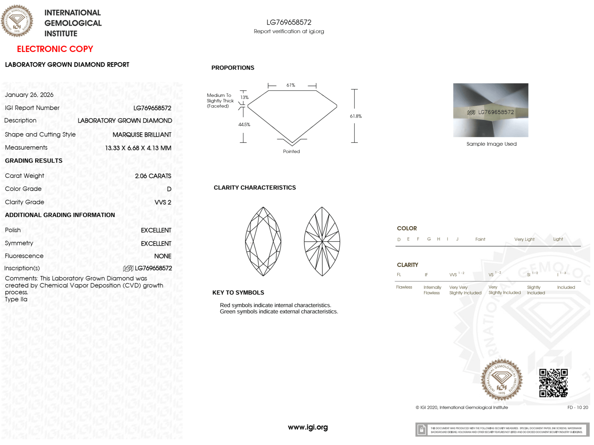 2.06 Carat D - VVS2 Marquise Lab Grown Diamond - IGI (125878) - PBD Loose Diamond