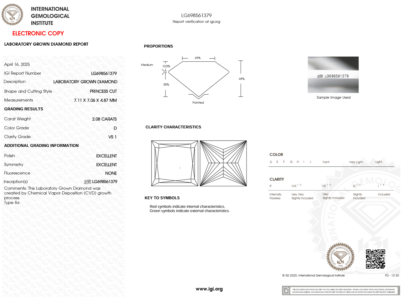 2.08 Carat D - VS1 Princess Lab Grown Diamond - IGI (122972) - PBD Loose Diamond