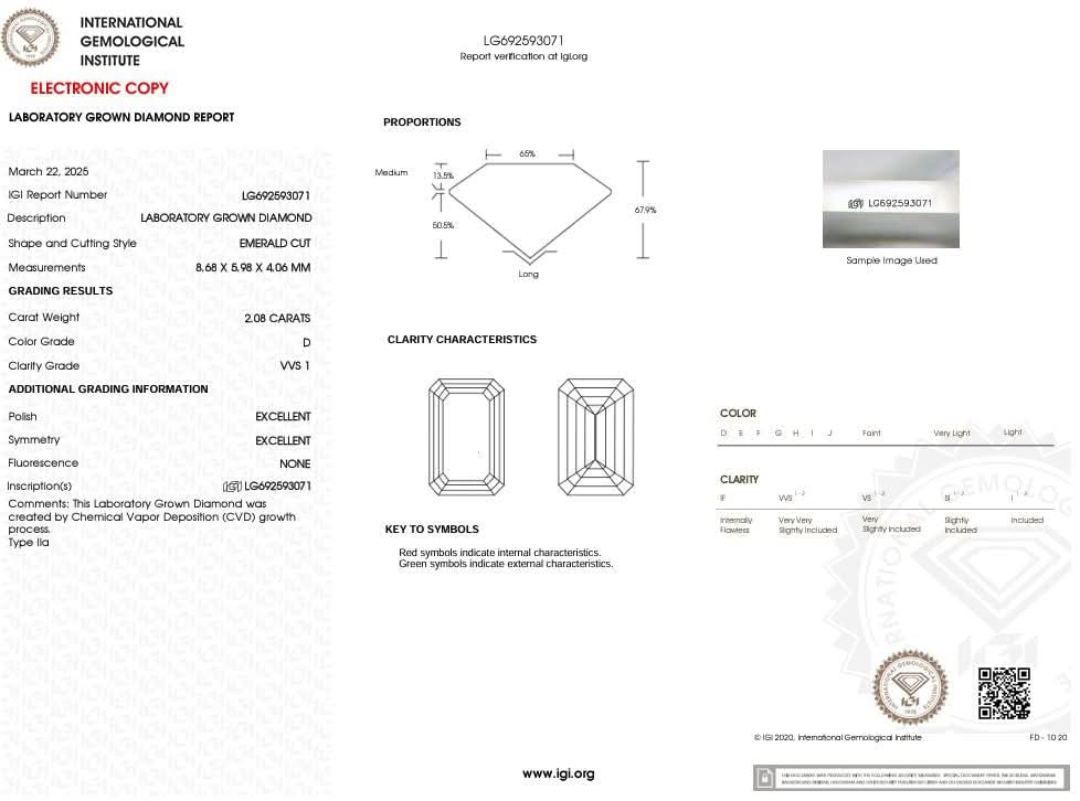 2.08 Carat D - VVS1 Emerald Lab Grown Diamond - IGI (53542) - PBD Loose Diamond