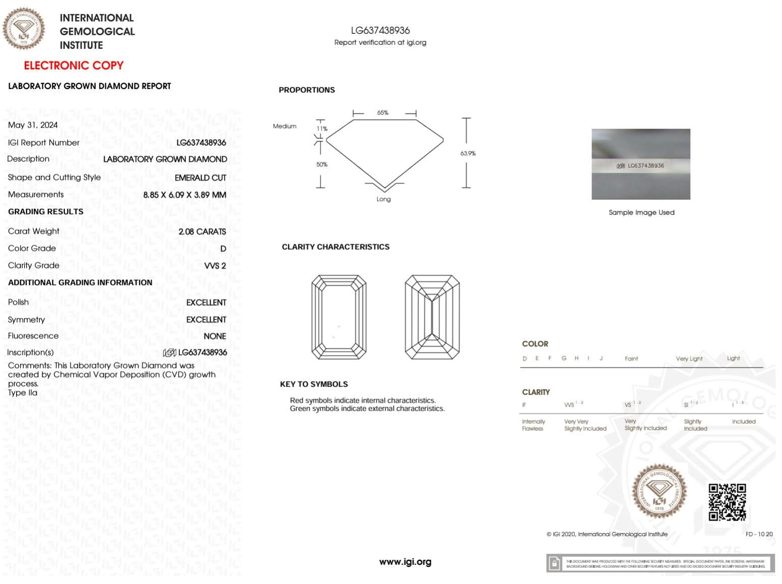 2.08 Carat D - VVS2 Emerald Lab Grown Diamond - IGI (50029) - PBD Loose Diamond