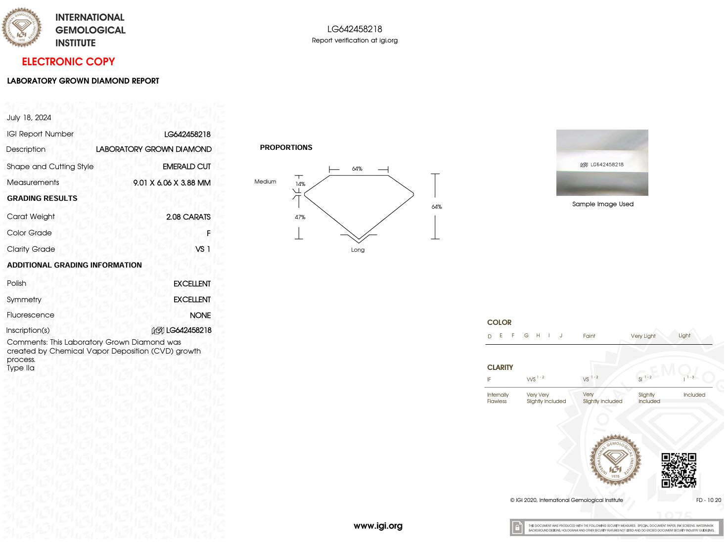 2.08 Carat F-VS1 Emerald Lab Grown Diamond - IGI (#50290) Loose Diamond Princess Bride Diamonds 