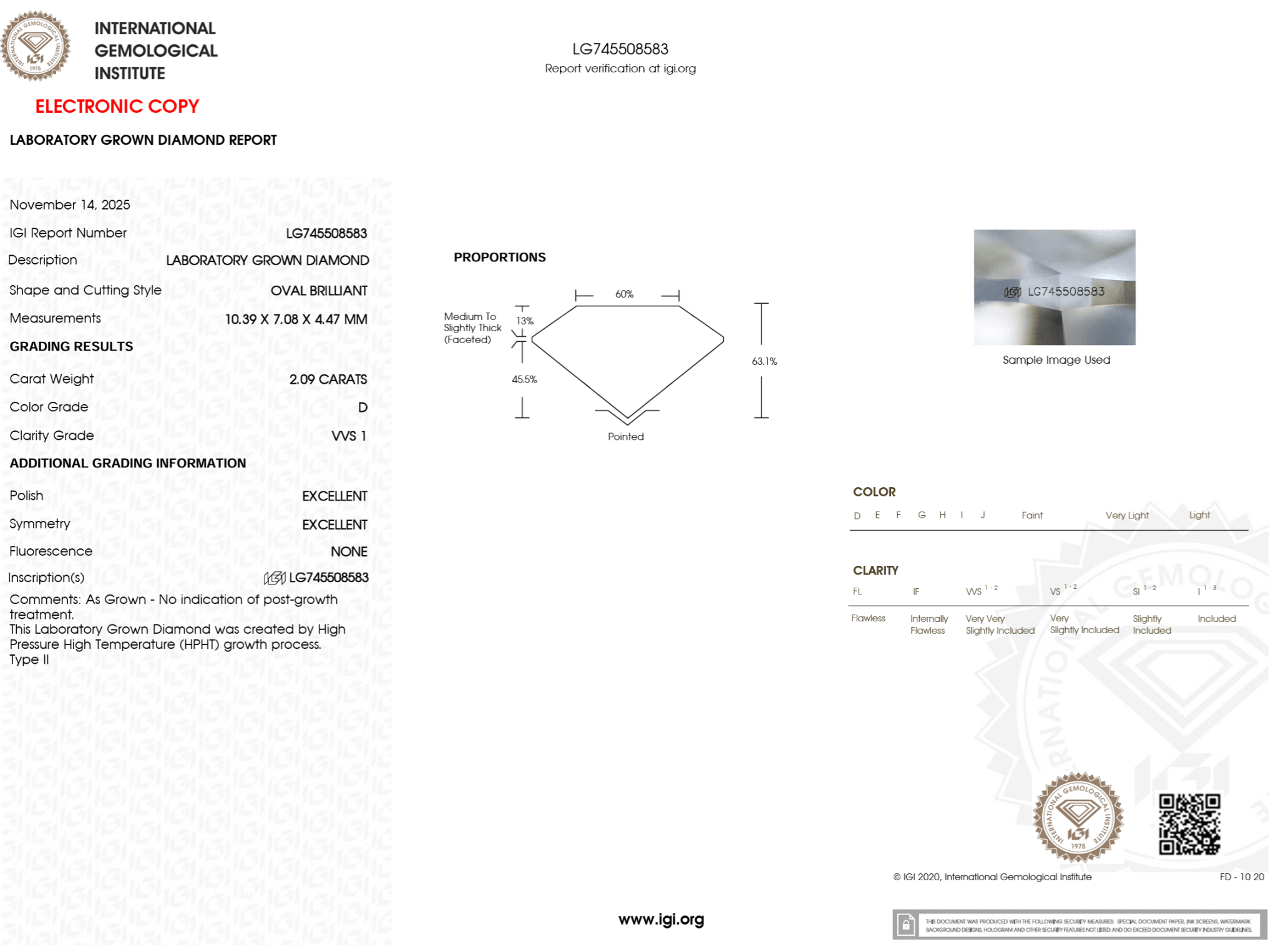 2.09 Carat D - VVS1 Oval Lab Grown Diamond - IGI (125283) - PBD Loose Diamond