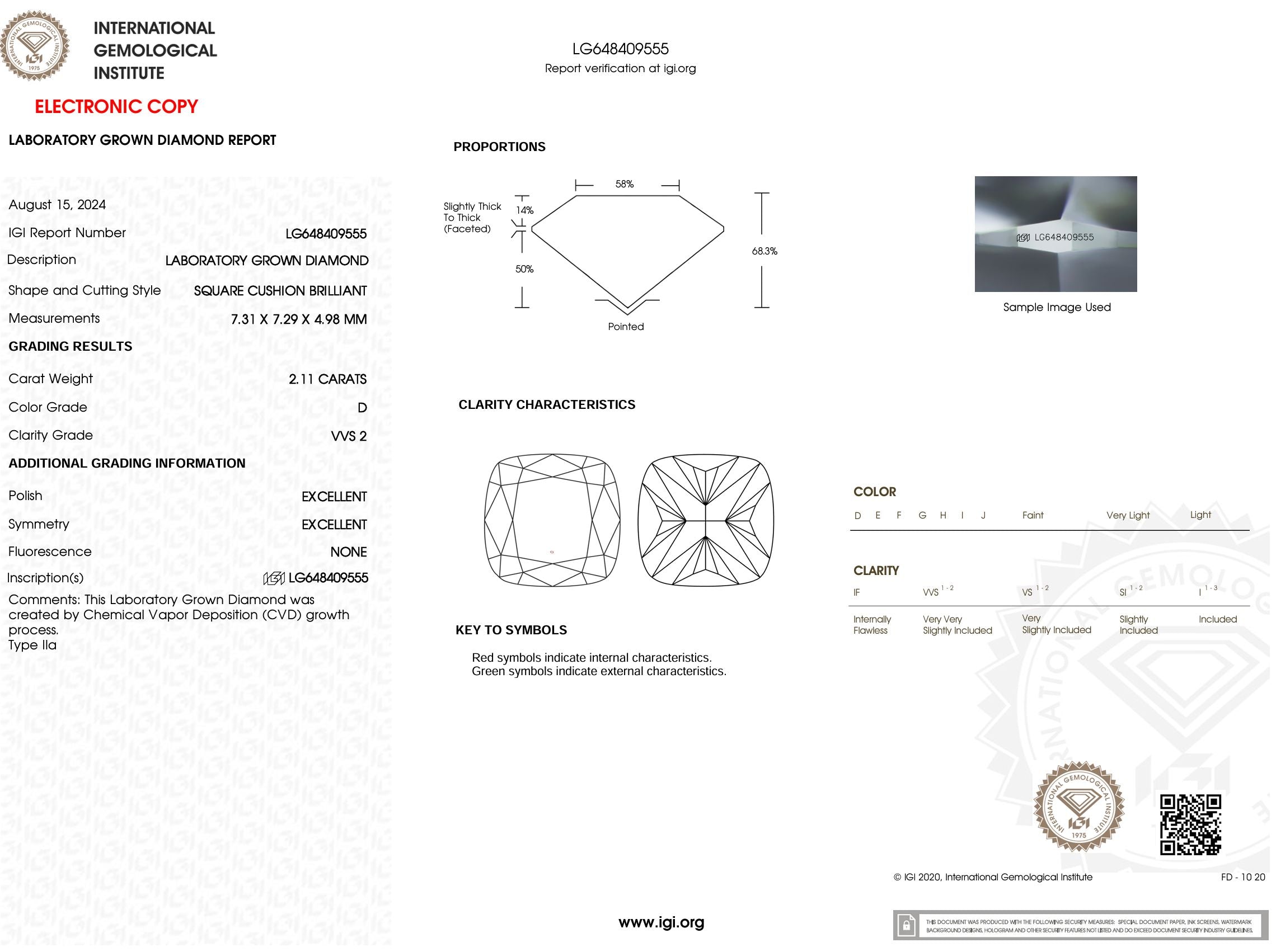 2.11 Carat D-VVS2 Cushion Lab Grown Diamond - IGI (#53332) Loose Diamond Princess Bride Diamonds 