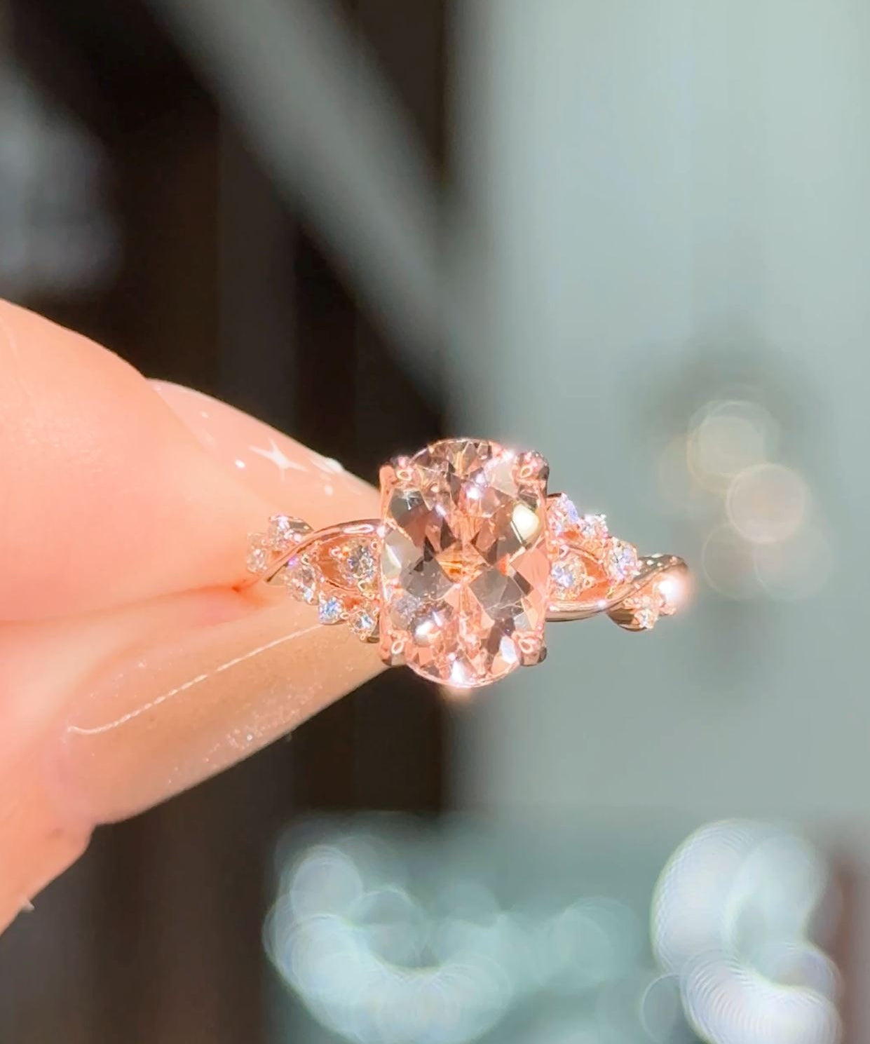 2.13ct Peach Pink Oval Morganite Ariel Rings Princess Bride Diamonds 