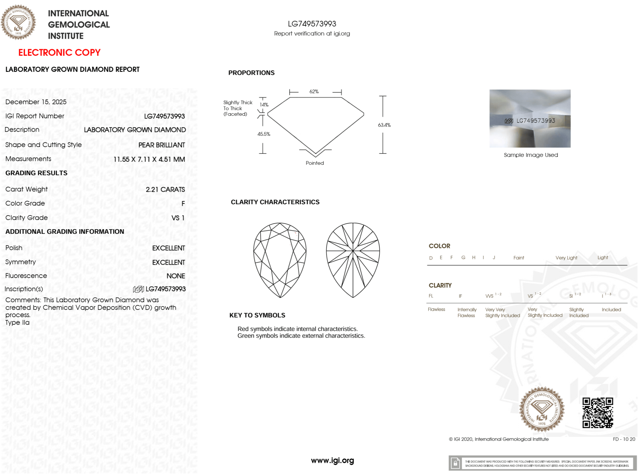 2.21 Carat F - VS1 Pear Lab Grown Diamond - IGI (126004) - PBD Loose Diamond