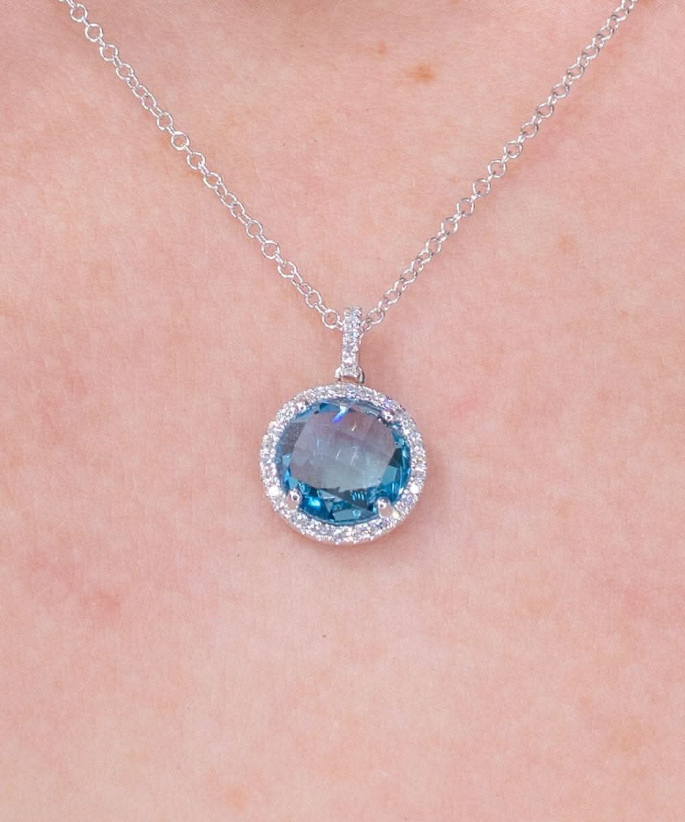 2.25ct Blue Topaz & Diamond Halo Necklace - PBD Necklaces