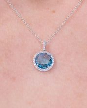 2.25ct Blue Topaz & Diamond Halo Necklace - PBD Necklaces