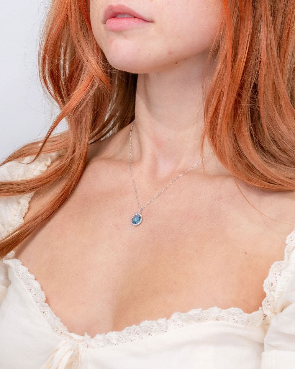 2.25ct Blue Topaz & Diamond Halo Necklace - PBD Necklaces