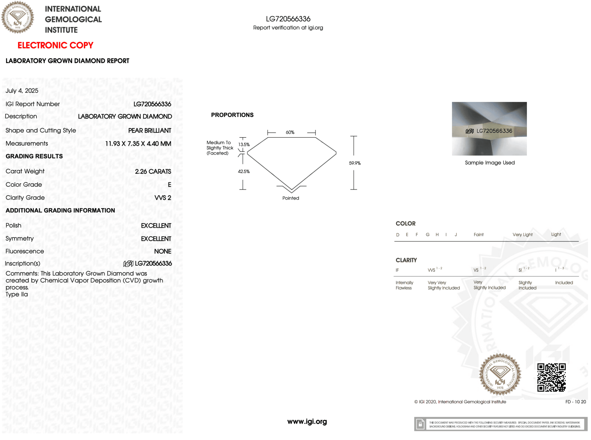 2.26 Carat E - VVS2 Pear Lab Grown Diamond - IGI (121906) - PBD Loose Diamond