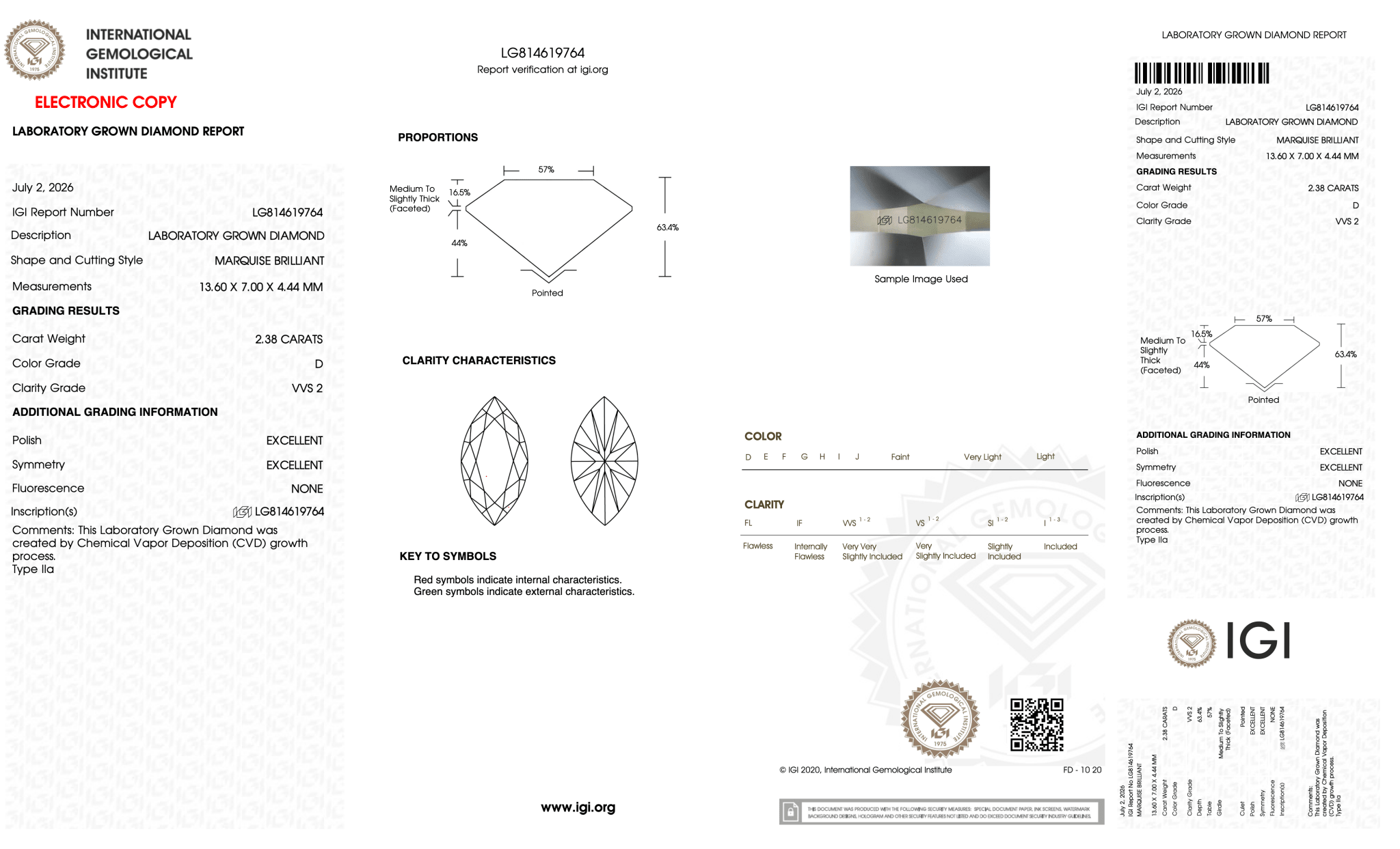 2.38 Carat D-VVS2 Marquise Lab Grown Diamond - IGI (128087) - PBD Loose Diamond
