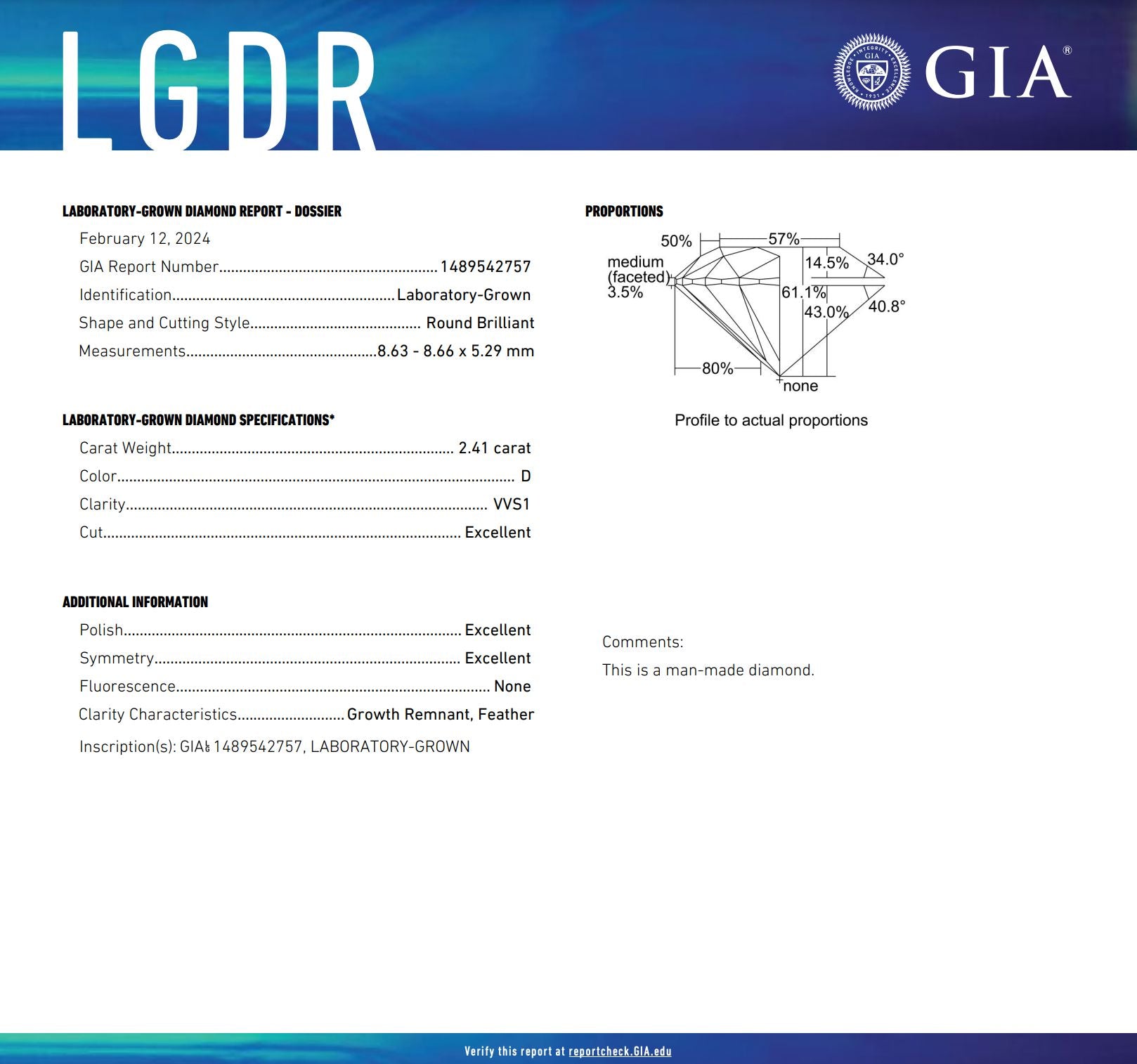 2.41 Carat D-VVS1 Round Lab Grown Diamond - GIA (#52477) Loose Diamond Princess Bride Diamonds 