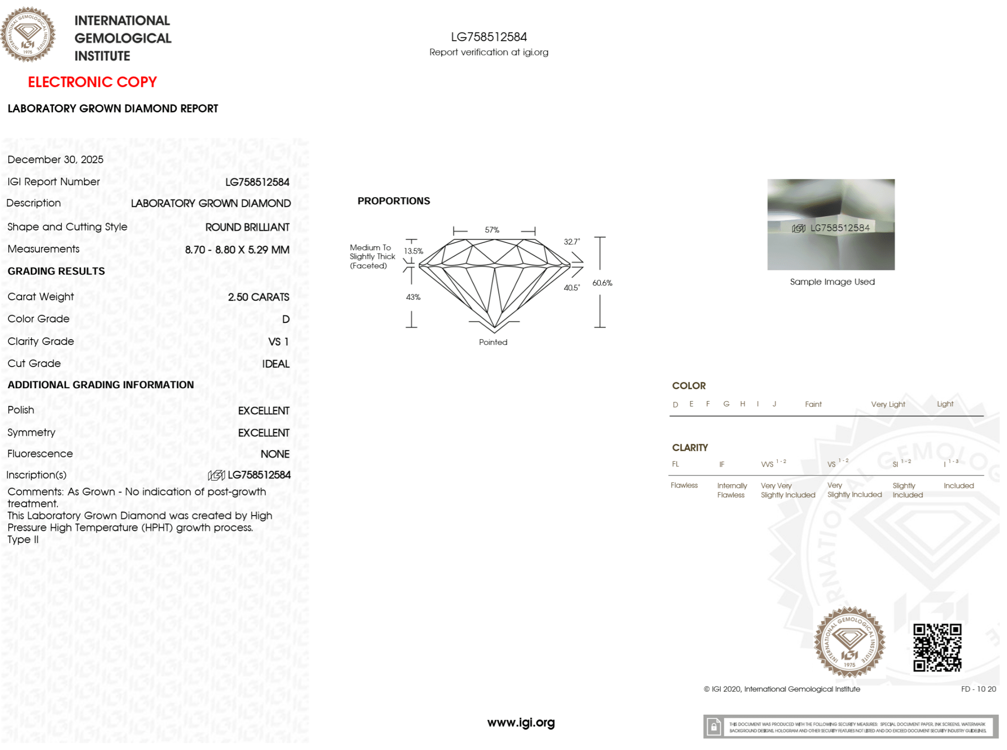 2.50 Carat D - VS1 Round Lab Grown Diamond - IGI (125193) - PBD Loose Diamond