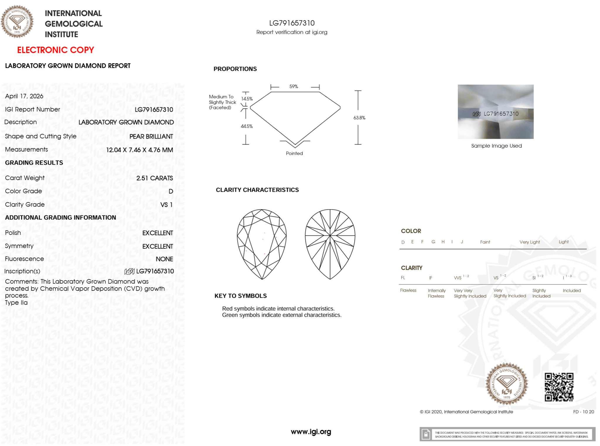 2.51 Carat D - VS1 Pear Lab Grown Diamond - IGI (125896) - PBD Loose Diamond