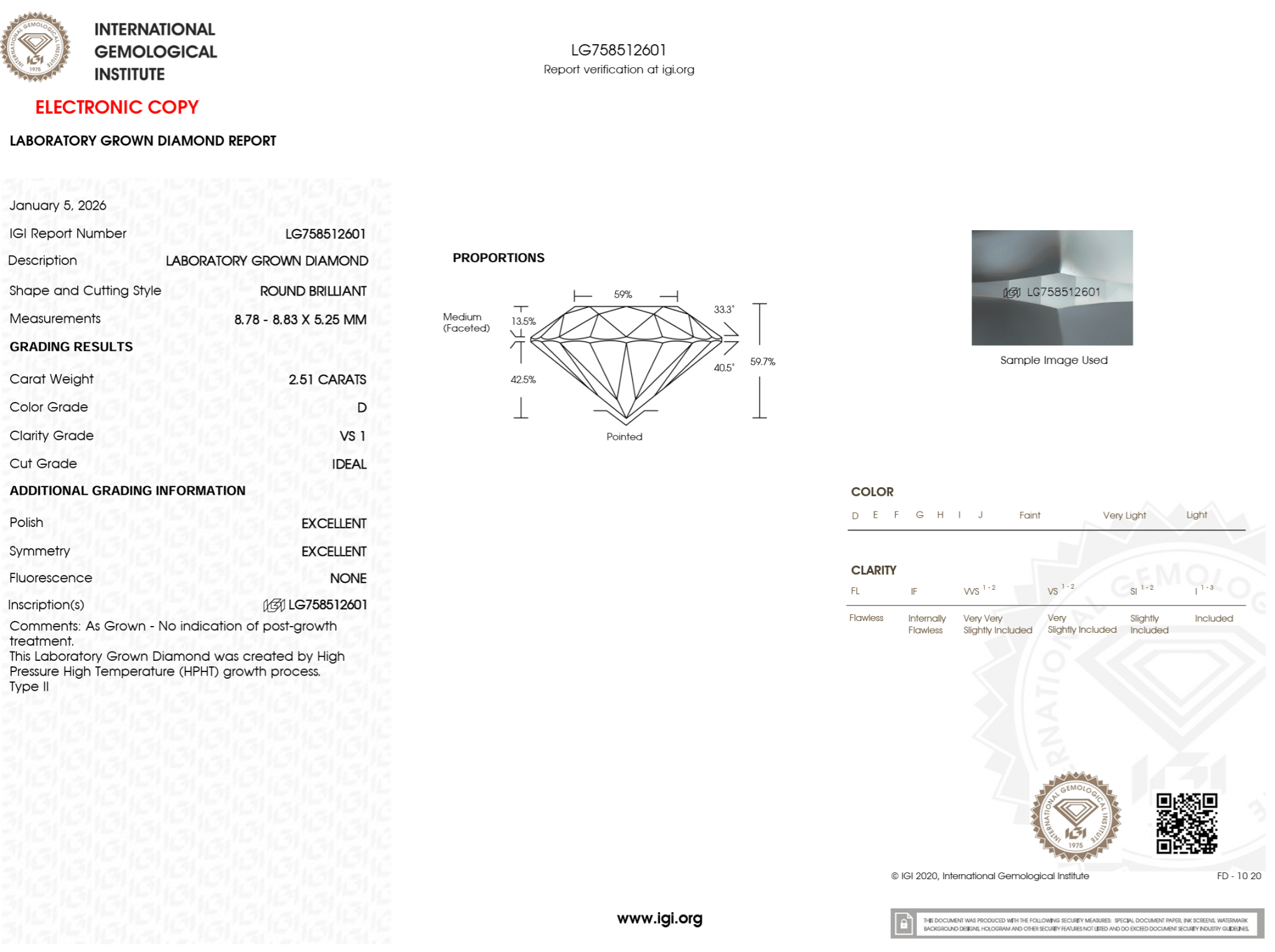 2.51 Carat D - VS1 Round Lab Grown Diamond - IGI (125194) - PBD Loose Diamond