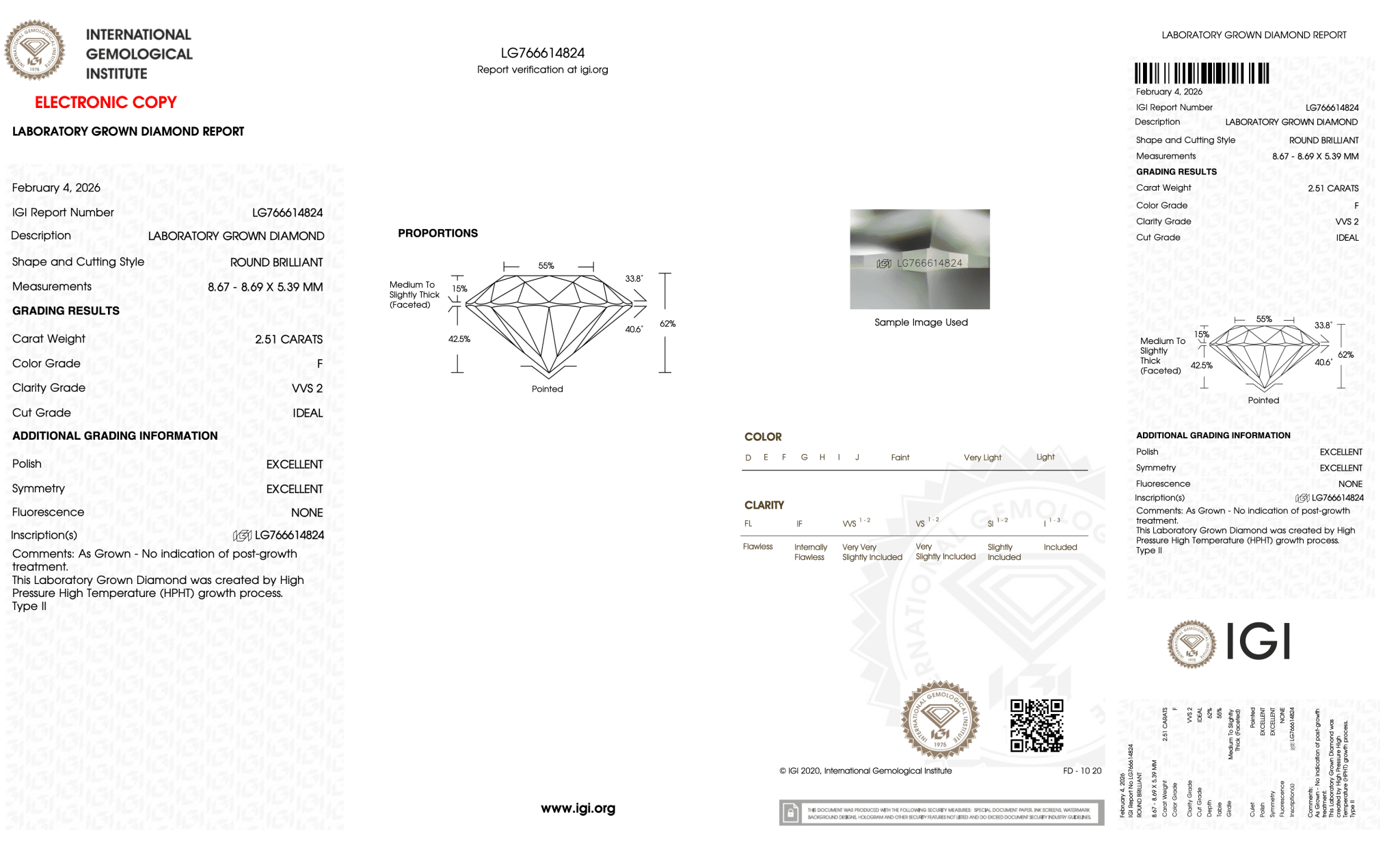 2.51 Carat F-VVS2 Round Lab Grown Diamond - IGI (128062) - PBD Loose Diamond