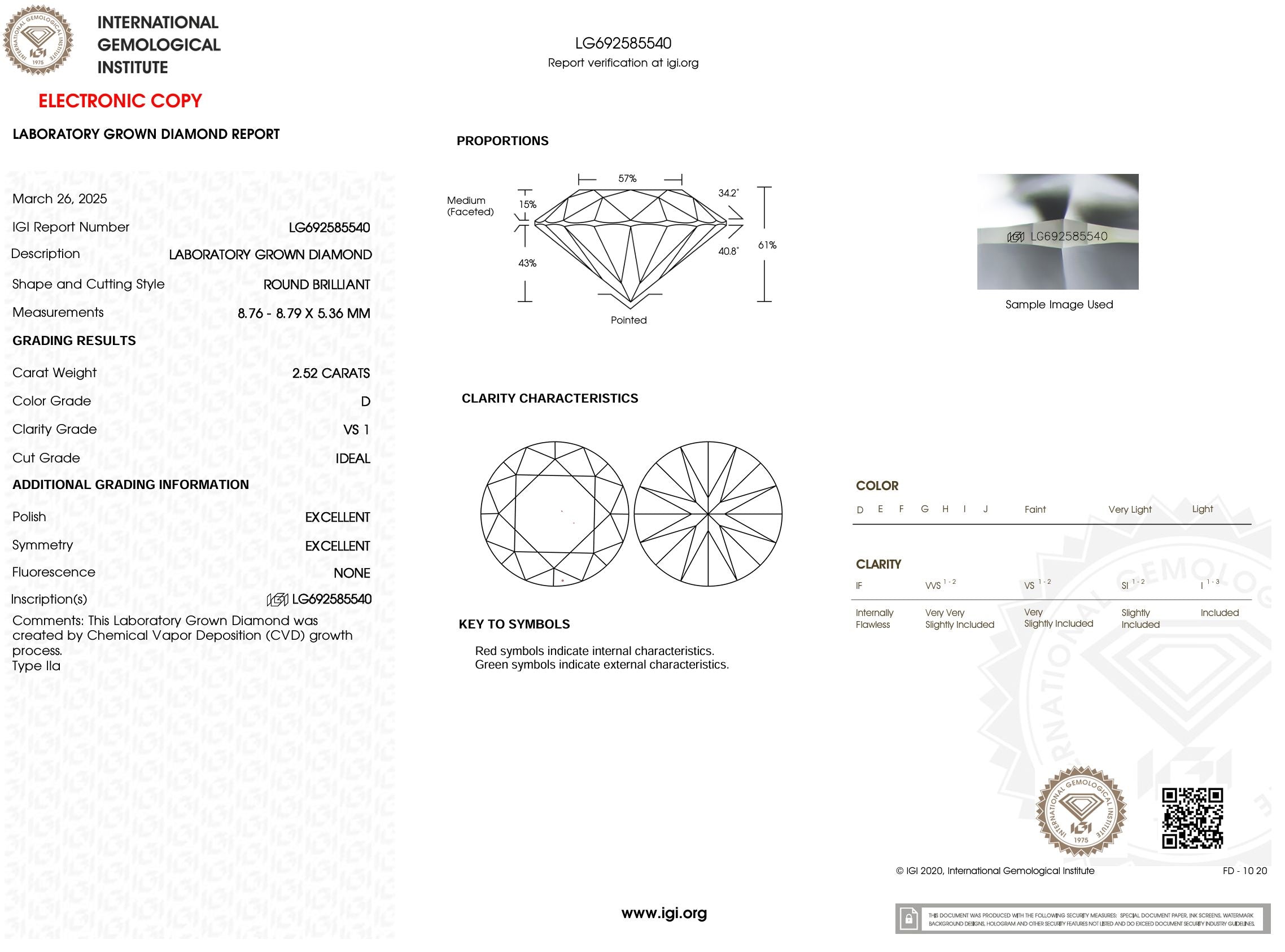 2.52 Carat D-VS1 Round Lab Grown Diamond - IGI (#54032) Loose Diamond Princess Bride Diamonds 