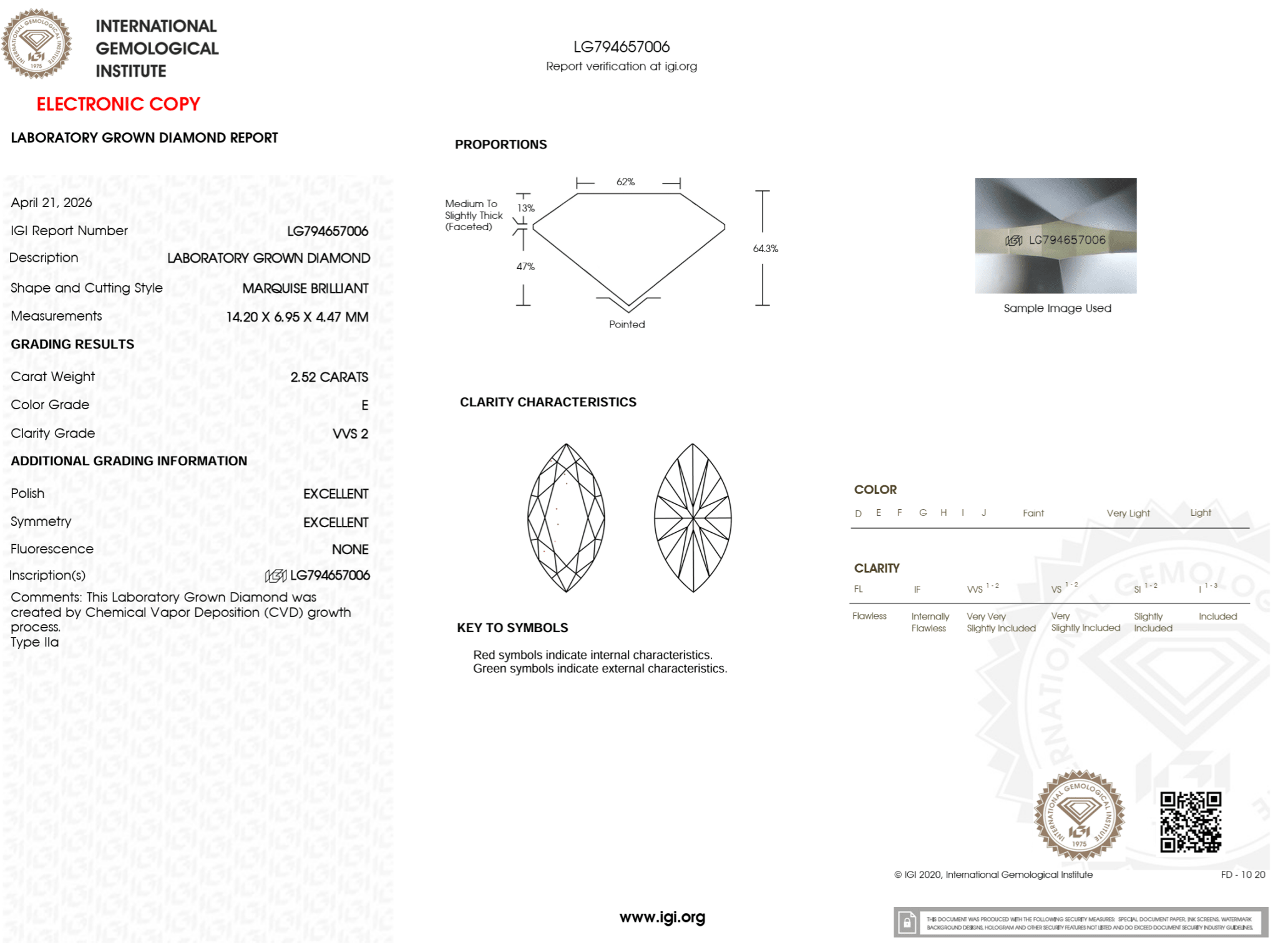 2.52 Carat E - VVS2 Marquise Lab Grown Diamond - IGI (125885) - PBD Loose Diamond
