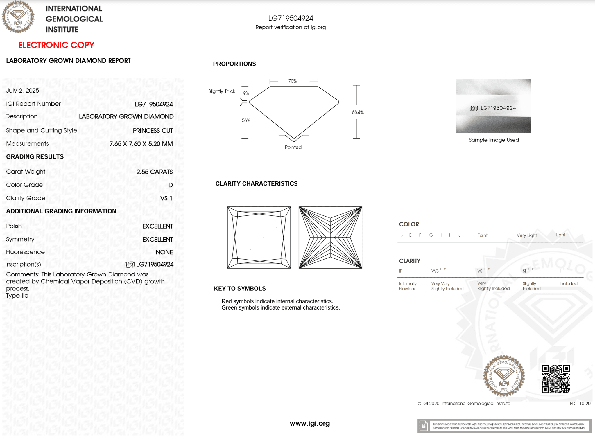 2.55 Carat D - VS1 Princess Lab Grown Diamond - IGI (121263) - PBD Loose Diamond
