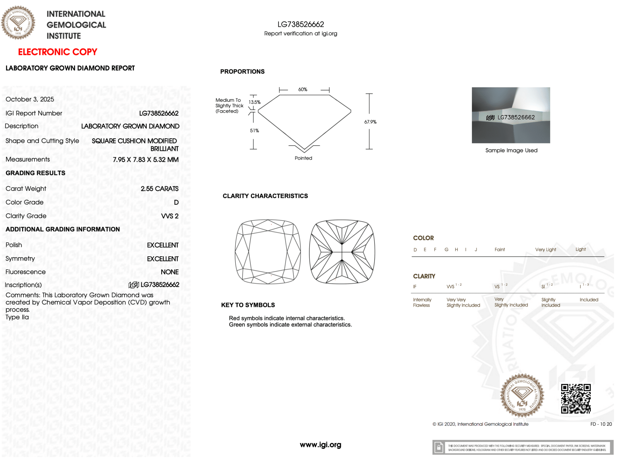 2.55 Carat D-VVS2 Cushion Lab Grown Diamond - IGI (126741) - PBD Loose Diamond