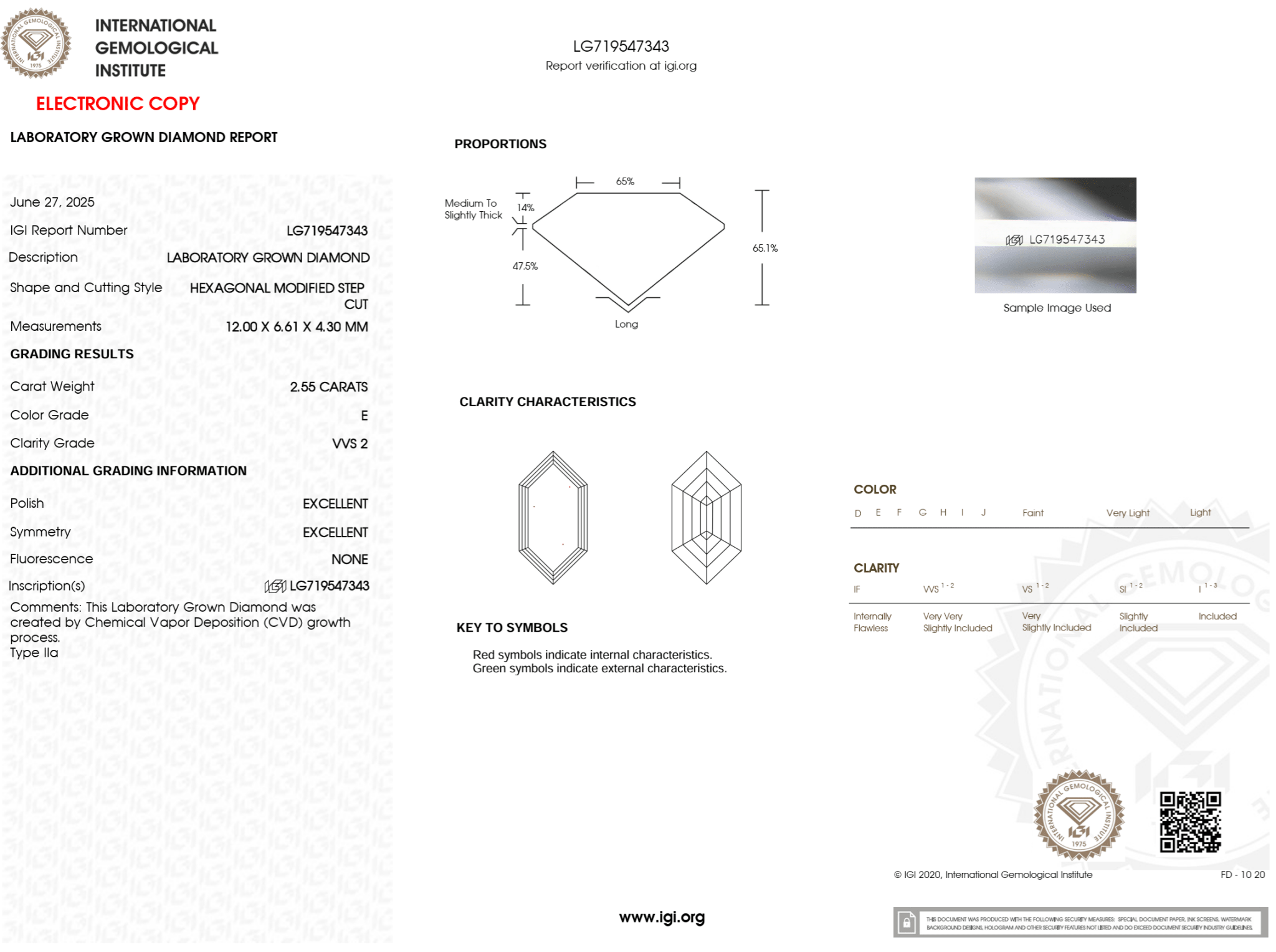 2.55 Carat E - VVS2 Hexagon Lab Grown Diamond - IGI (124659) - PBD Loose Diamond