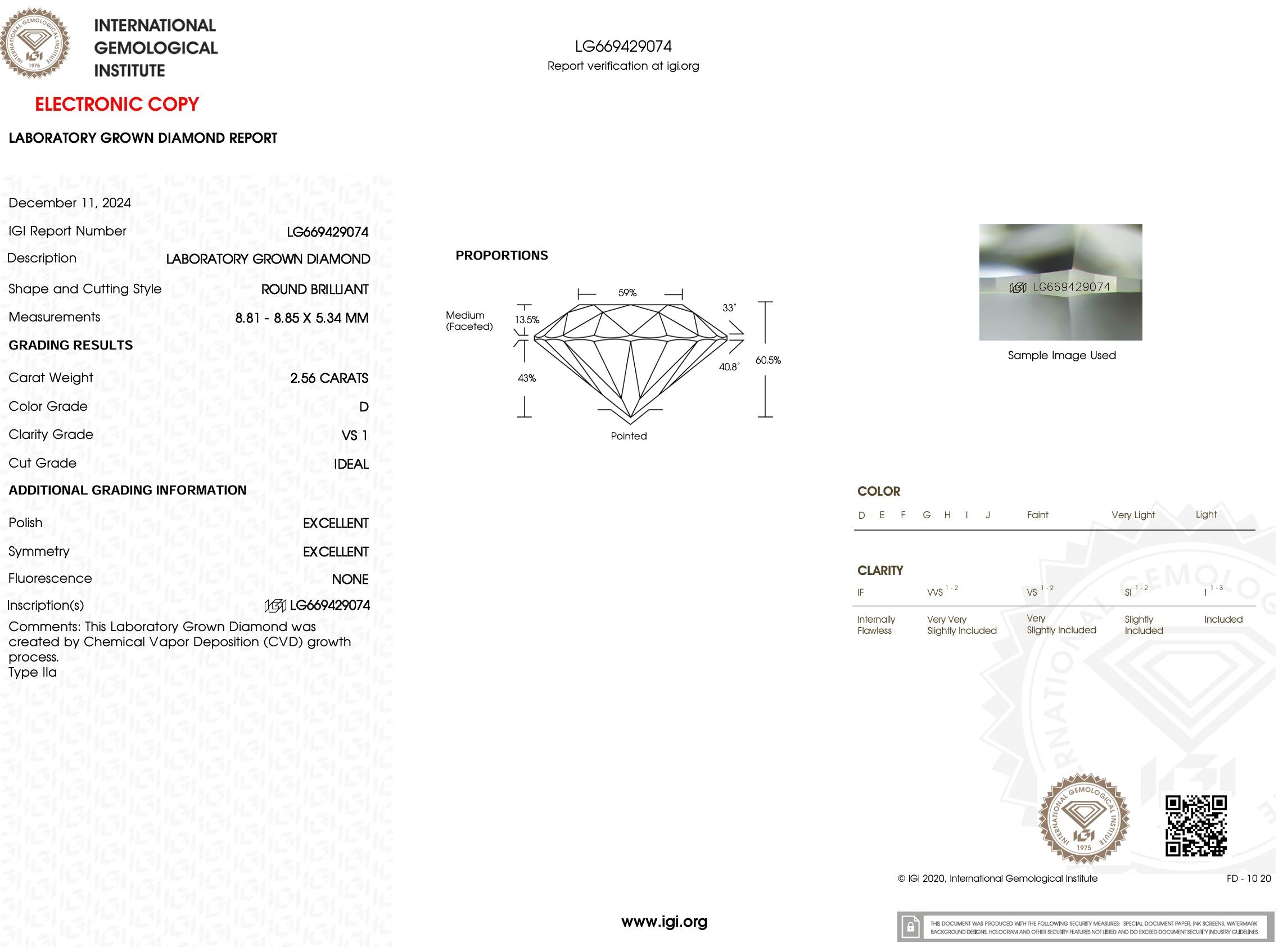 2.56 Carat D-VS1 Round Lab Grown Diamond - IGI (#52036) Loose Diamond Princess Bride Diamonds 