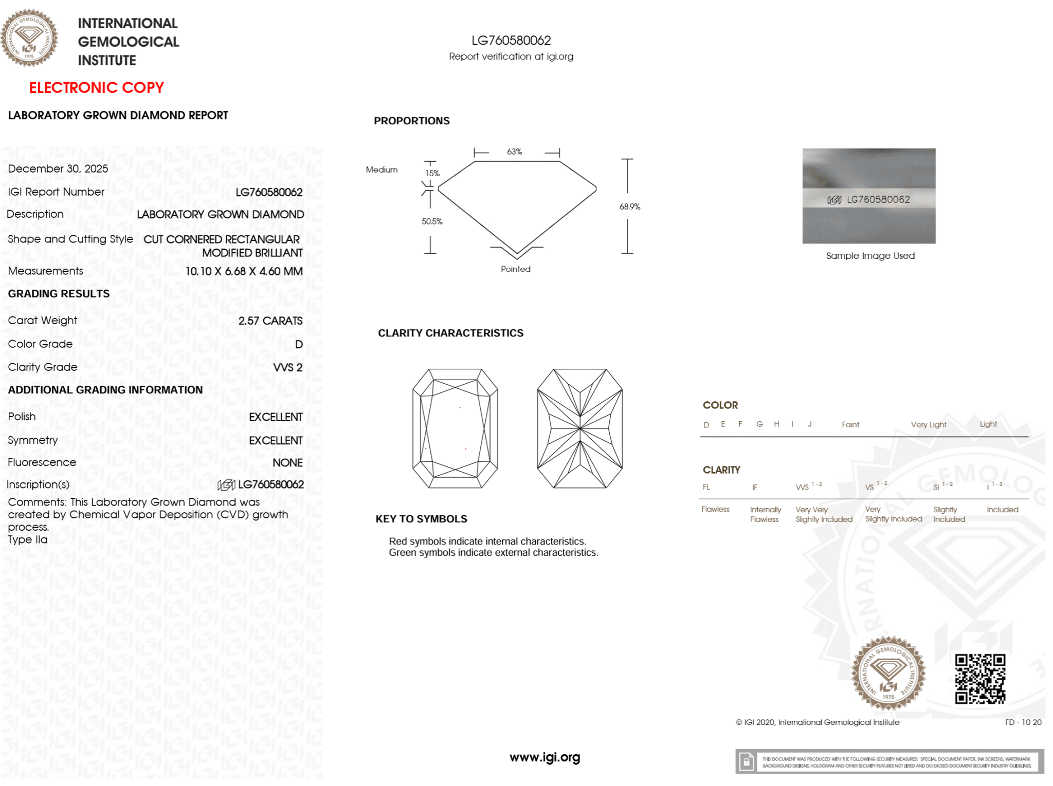 2.57 Carat D - VVS2 Radiant Lab Grown Diamond - IGI (125316) - PBD Loose Diamond