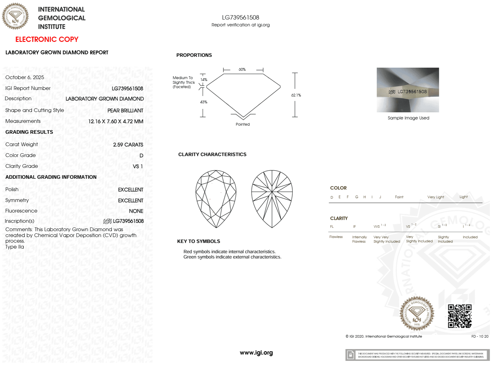 2.59 Carat D - VS1 Pear Lab Grown Diamond - IGI (122583) - PBD Loose Diamond