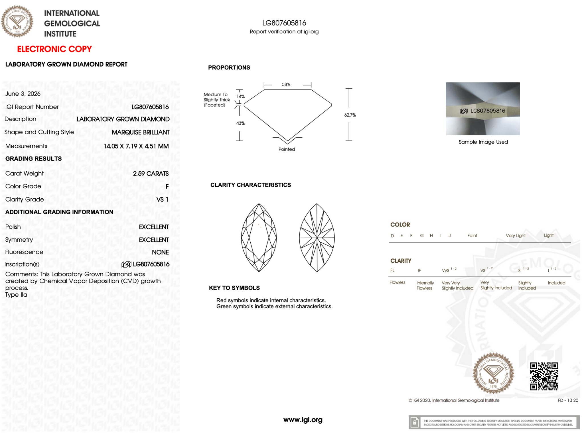 2.59 Carat F-VS1 Marquise Lab Grown Diamond - IGI (126841) - PBD Loose Diamond