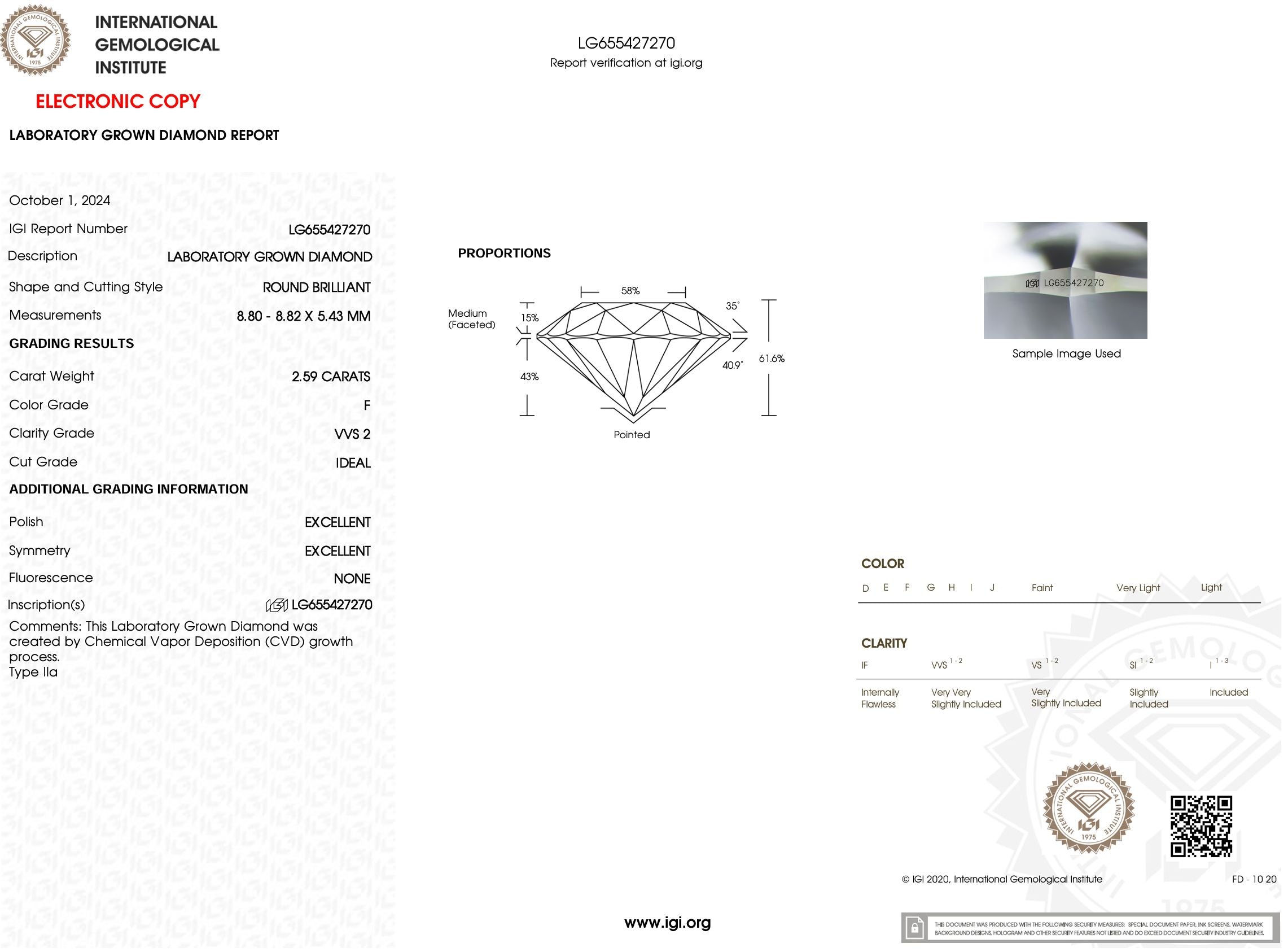 2.59 Carat F-VVS2 Round Lab Grown Diamond - IGI (#52473) Loose Diamond Princess Bride Diamonds 