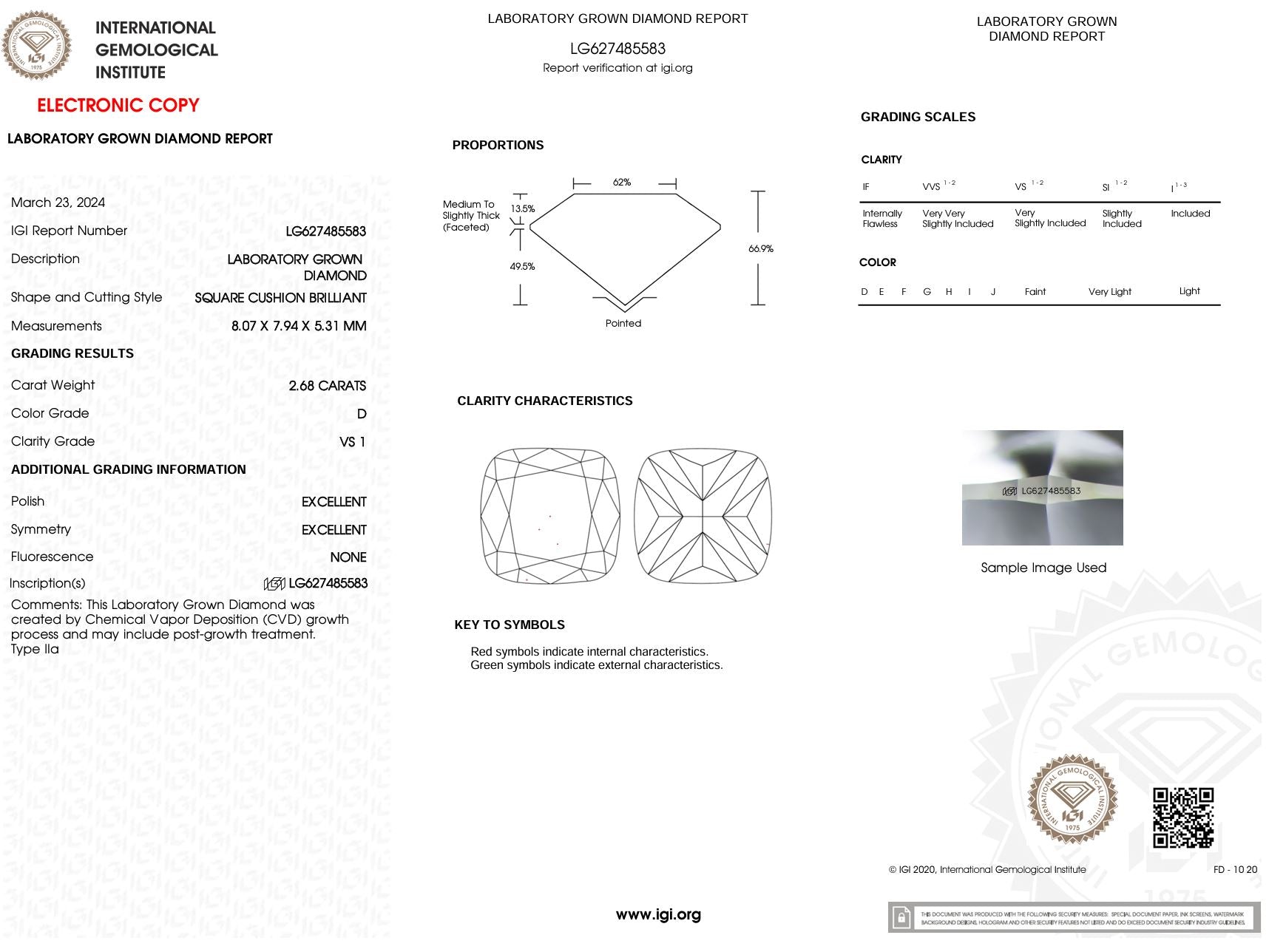 2.68 Carat D-VS1 Cushion Lab Grown Diamond - IGI (#5636) Loose Diamond Princess Bride Diamonds 