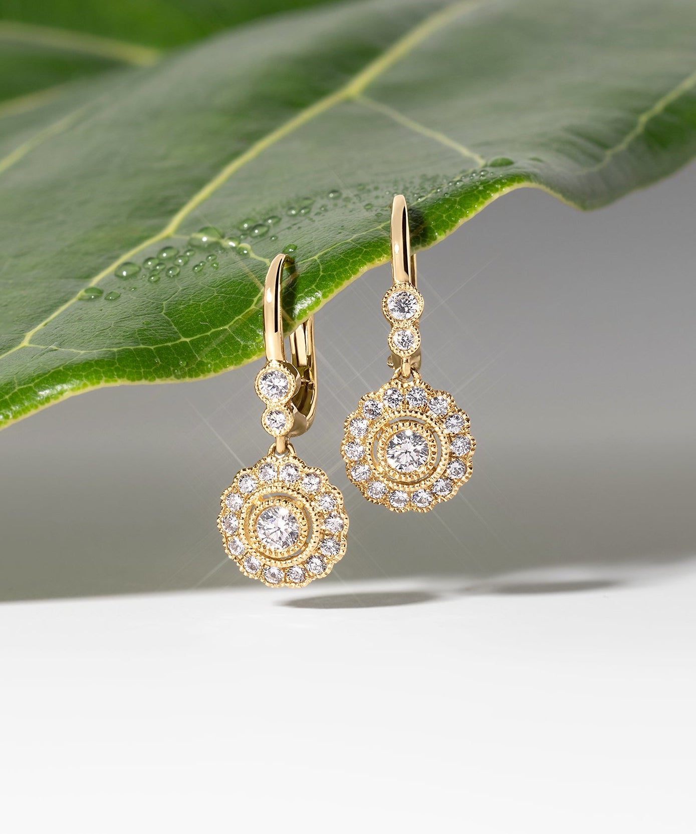 Gold earrings with gemstones on a green leaf