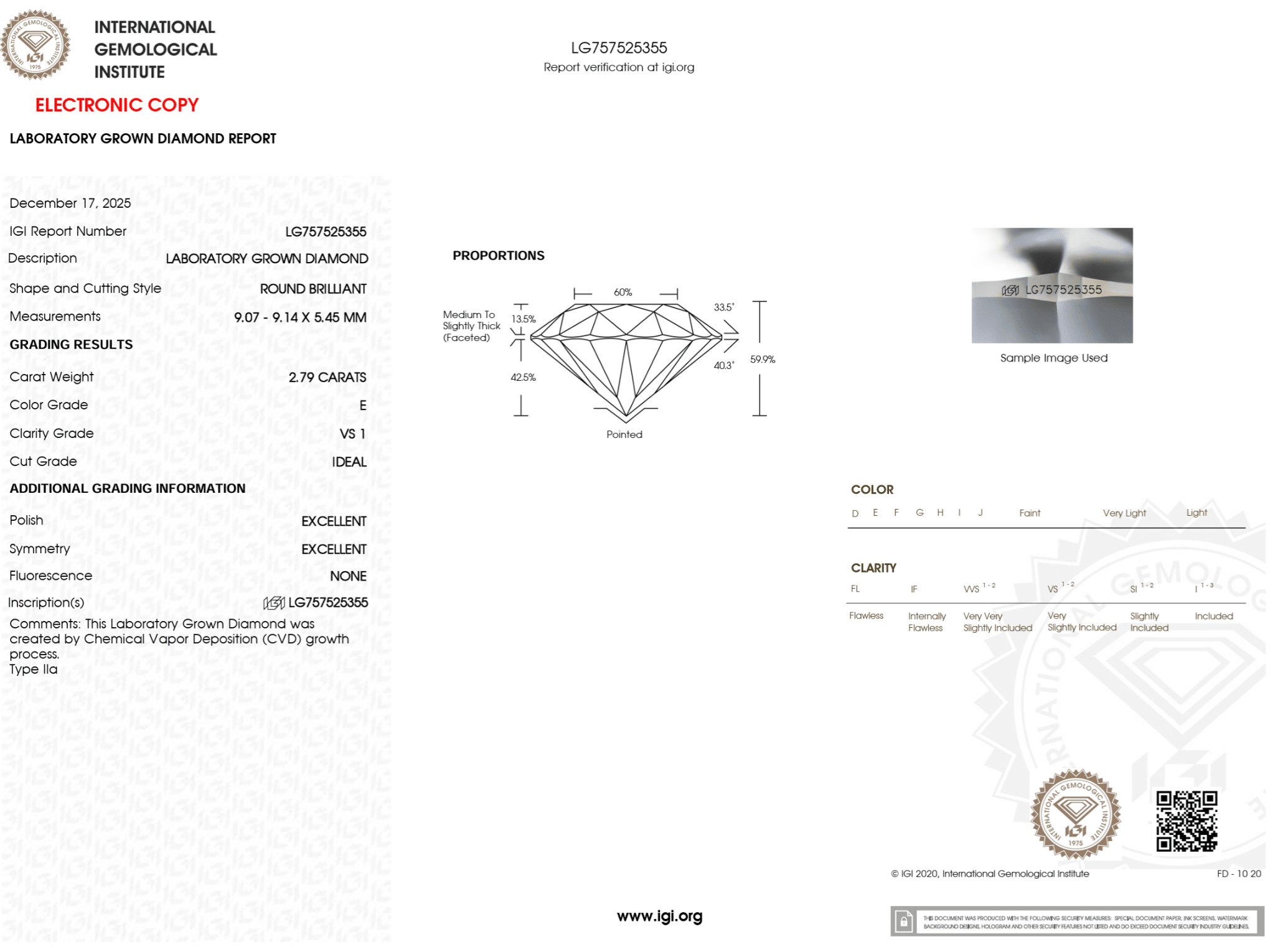 2.79 Carat E - VS1 Round Lab Grown Diamond - IGI (125268) - PBD Loose Diamond