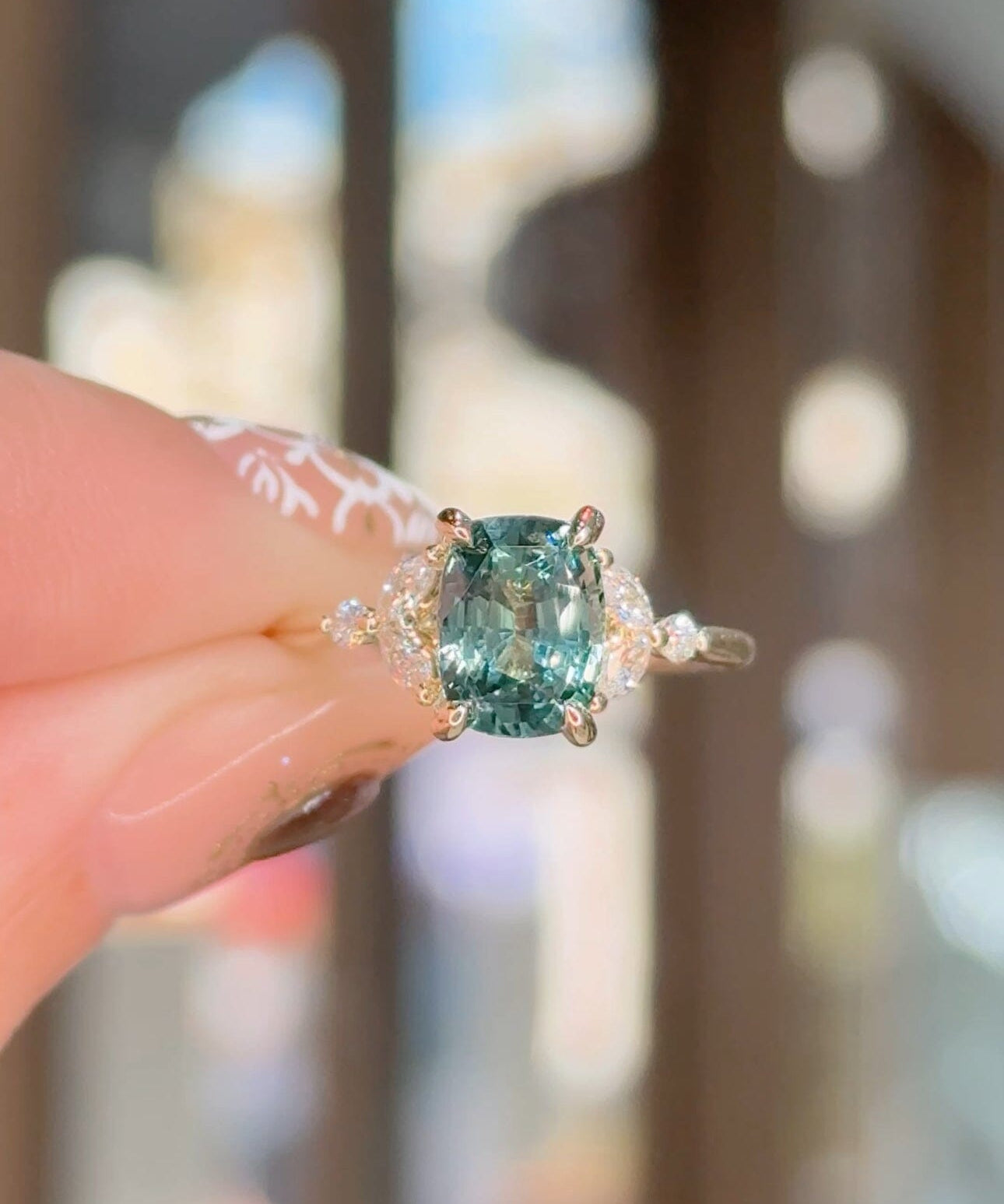 2.85ct Montana Blue-Green Elongated Cushion Sapphire Sarah Engagement Rings Princess Bride Diamonds 