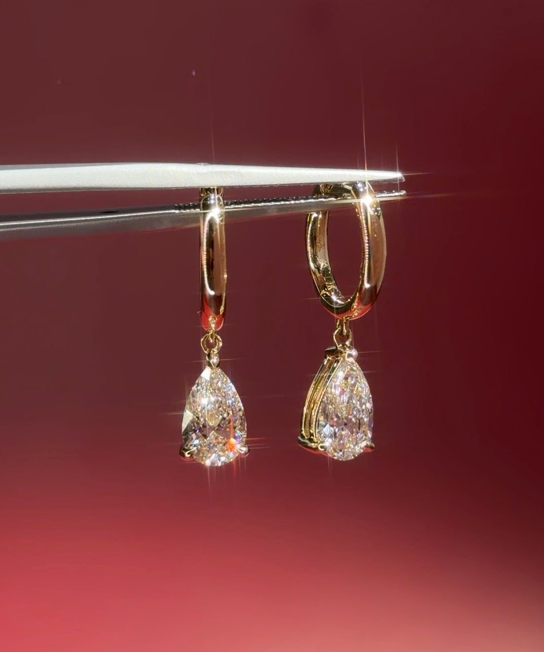 2ct Pear Lab Diamond Drop High Polish Hoops Yellow Gold