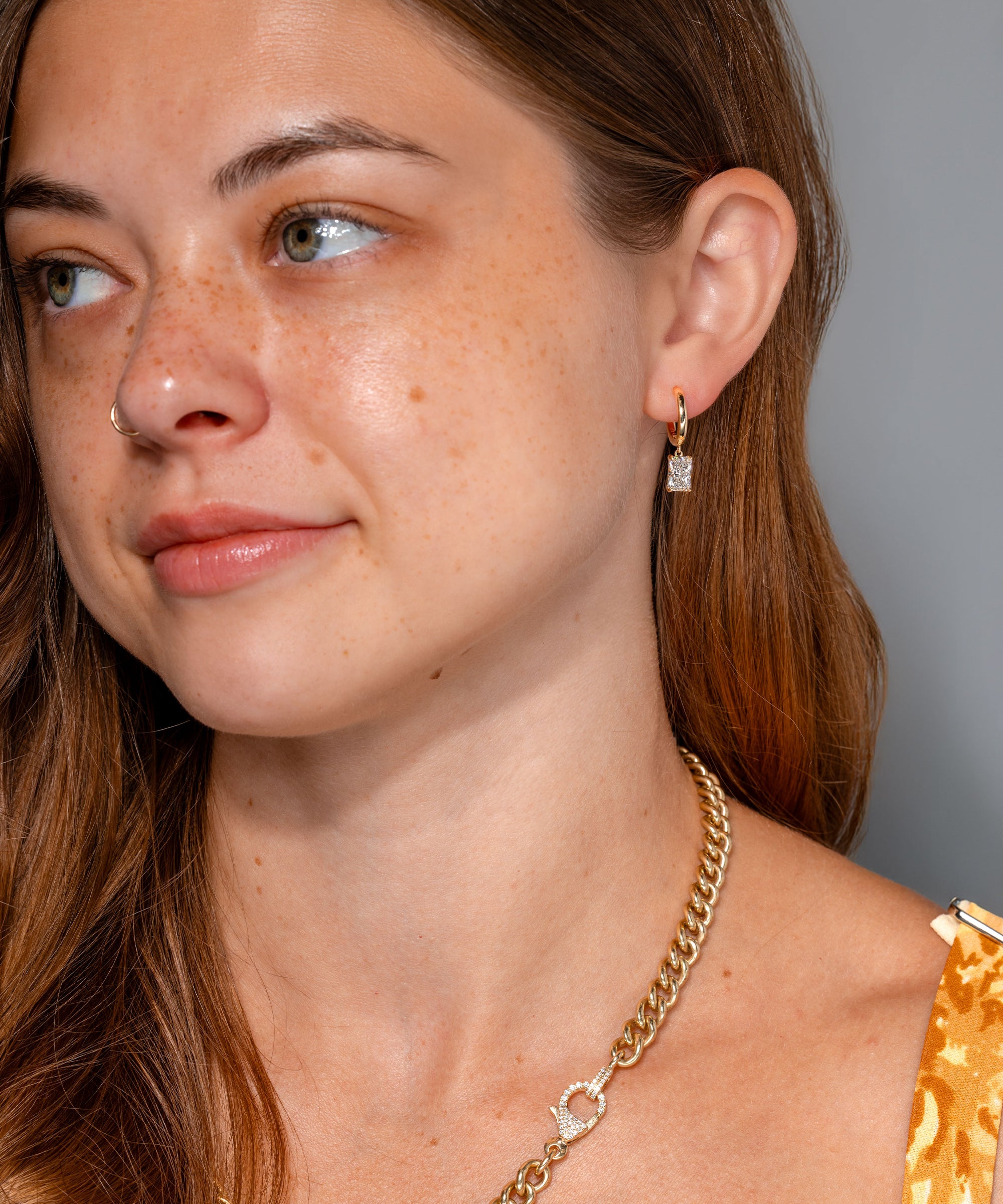 2ct Radiant Diamond High Polish Hoops Yellow Gold on ear