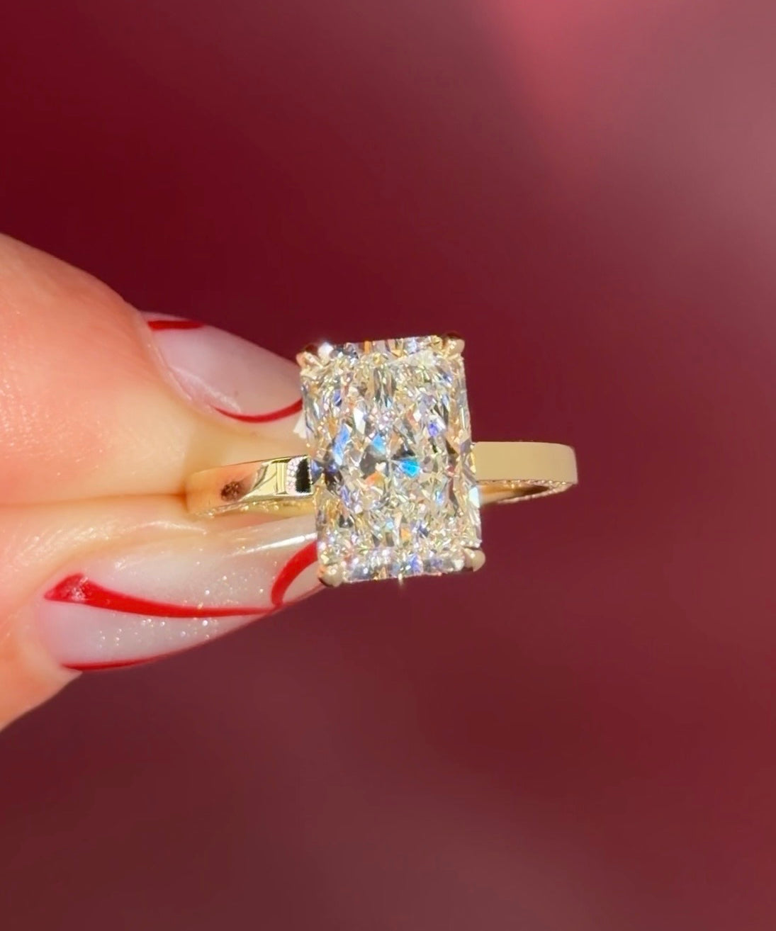 2mm Flat Gold Solitaire Engagement Ring radiant Diamond Center Stone with Diamond Rims in Yellow Gold