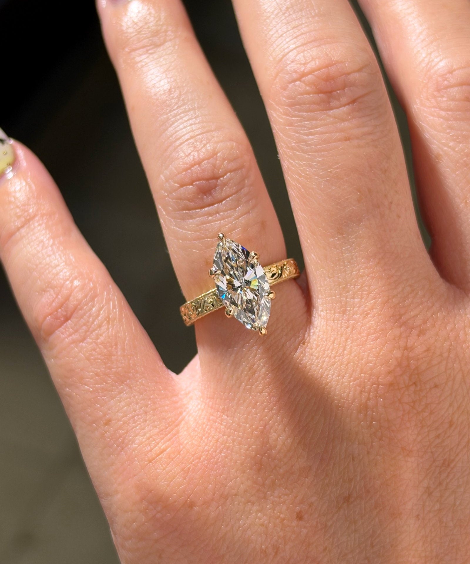 3.02ct E VS1 marquise lab grown diamond Kai engagement ring in 14K yellow gold