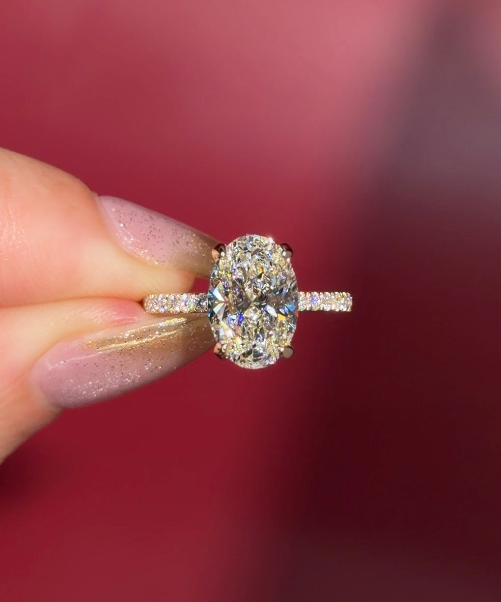 3.05ct D-VVS2 Oval Lab Diamond Stephanie Wrap Under Halo and Pave Band in Yellow Gold