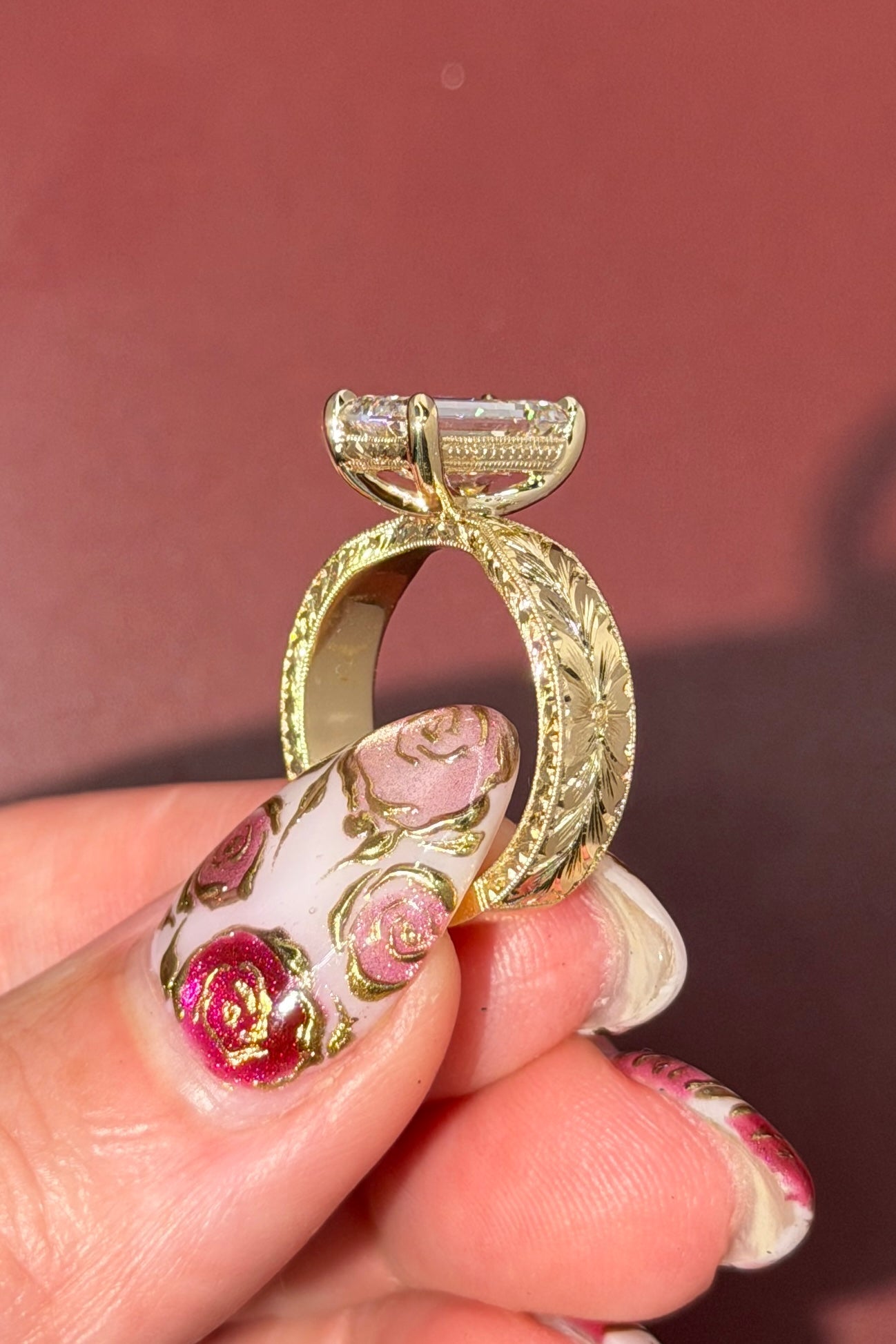 3.00ct E - VS1 Emerald Lab Diamond Hand Engraved Flat Taper Ring - PBD Engagement Rings