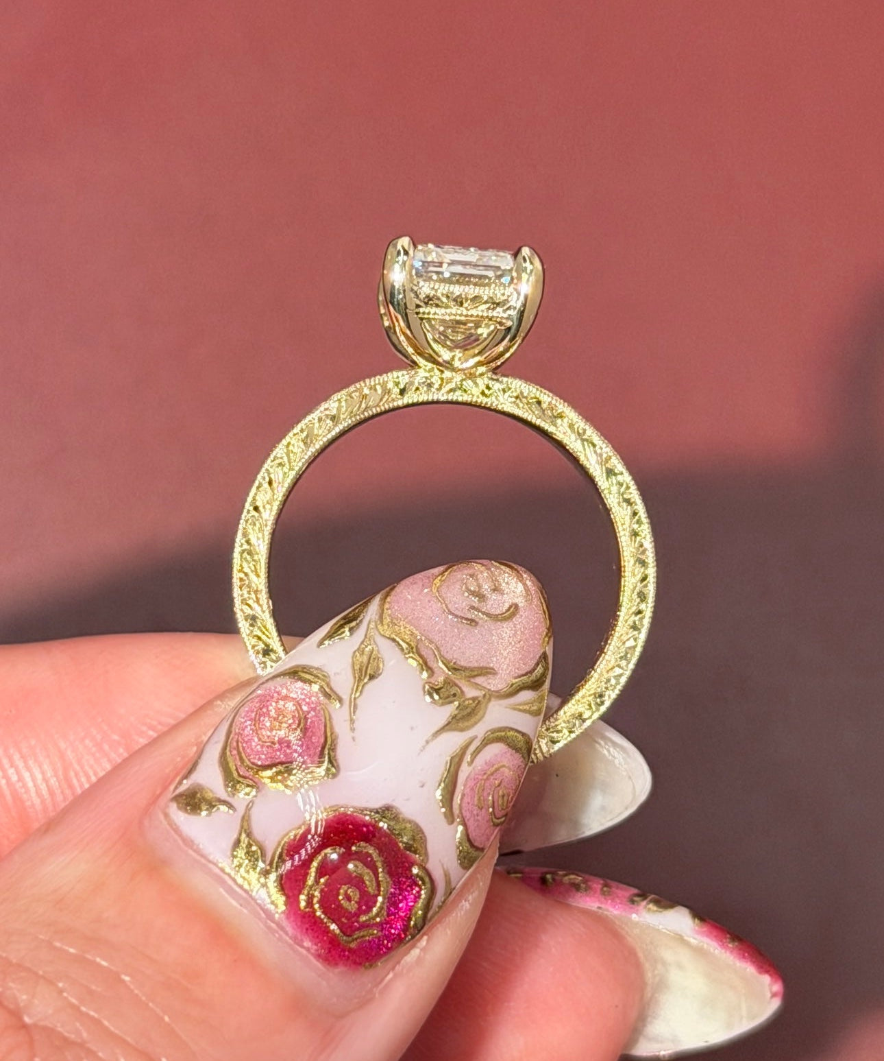 3.00ct E - VS1 Emerald Lab Diamond Hand Engraved Flat Taper Ring - PBD Engagement Rings