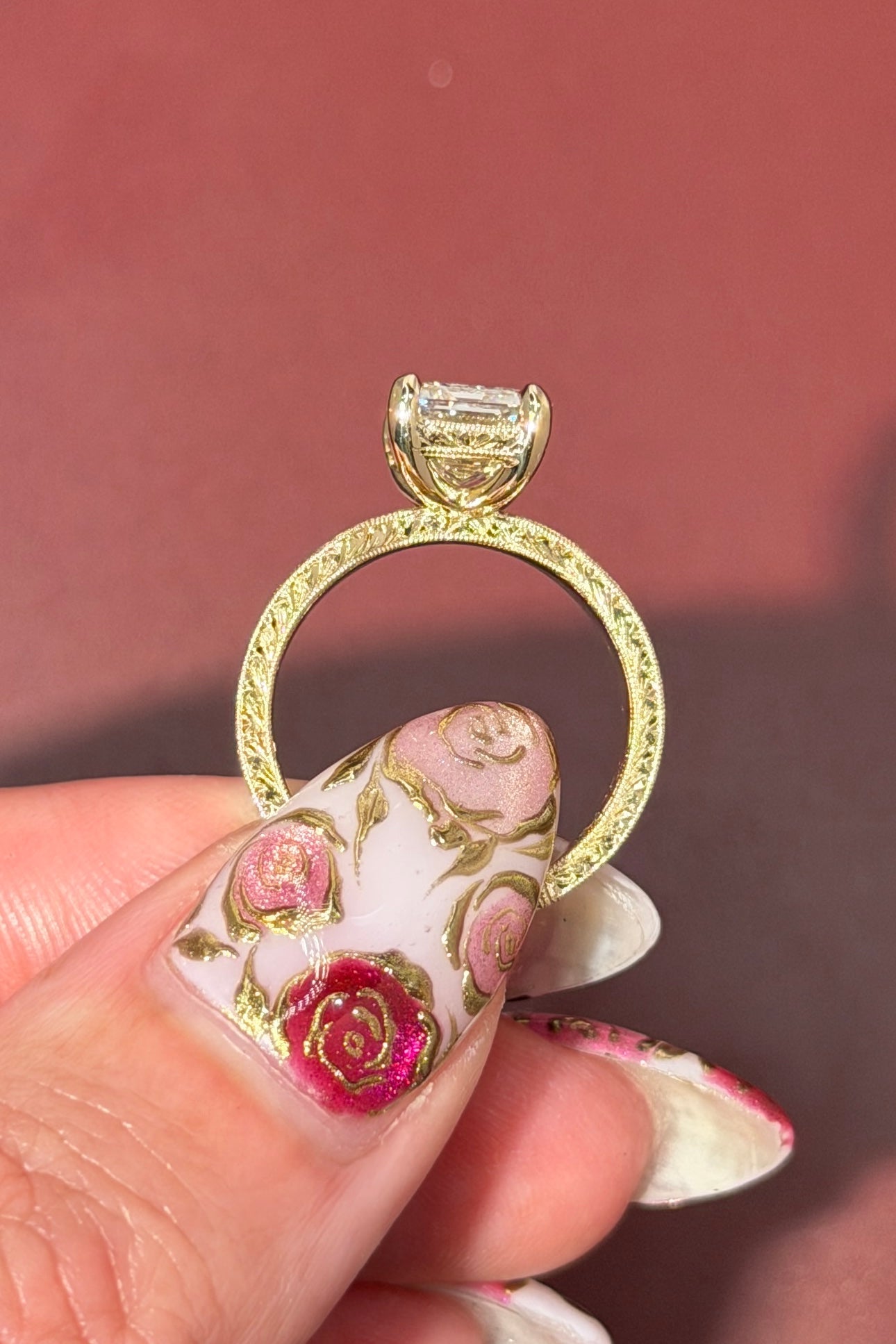 3.00ct E - VS1 Emerald Lab Diamond Hand Engraved Flat Taper Ring - PBD Engagement Rings