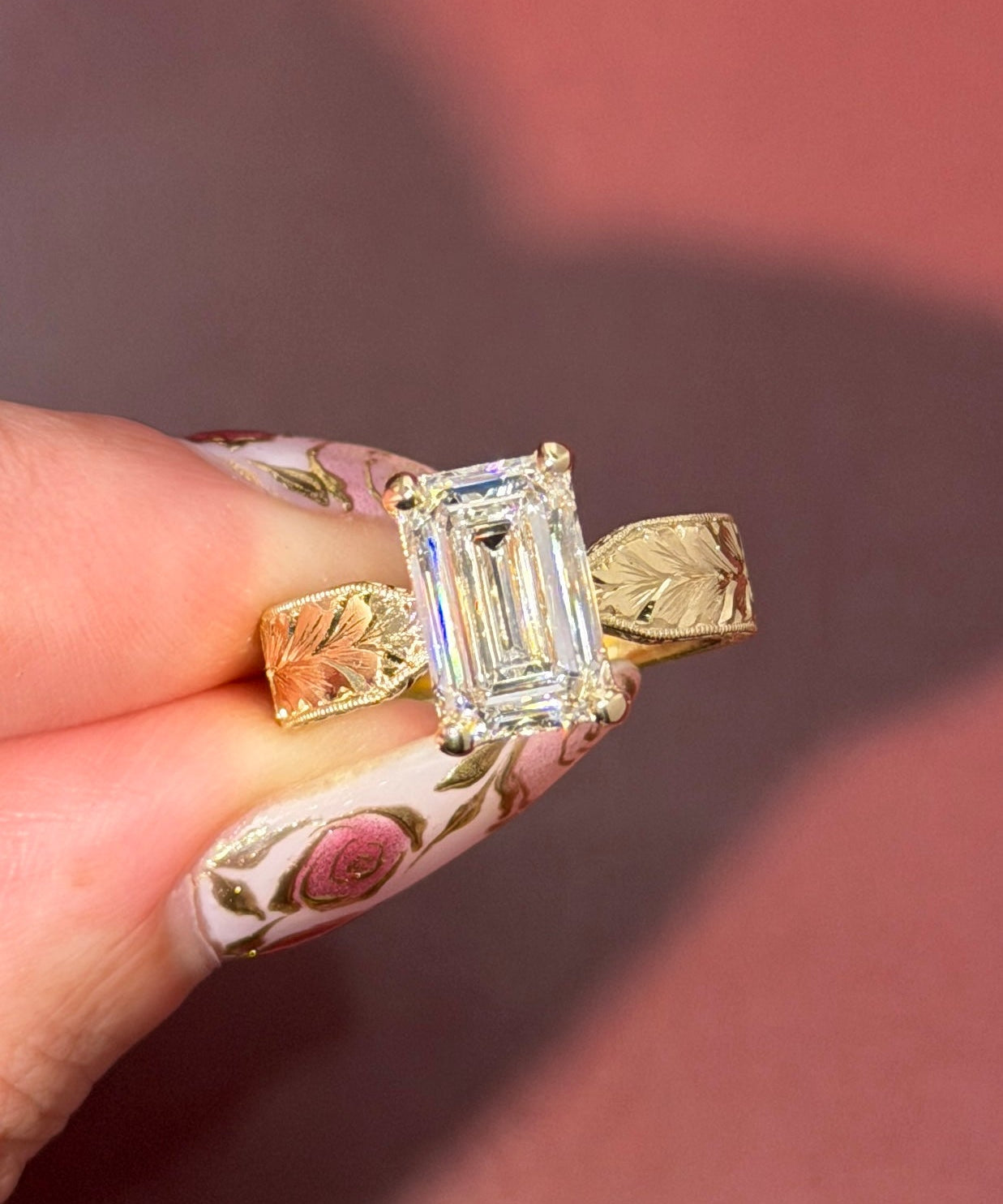 3.00ct E - VS1 Emerald Lab Diamond Hand Engraved Flat Taper Ring - PBD Engagement Rings