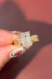 3.00ct E - VS1 Emerald Lab Diamond Hand Engraved Flat Taper Ring - PBD Engagement Rings