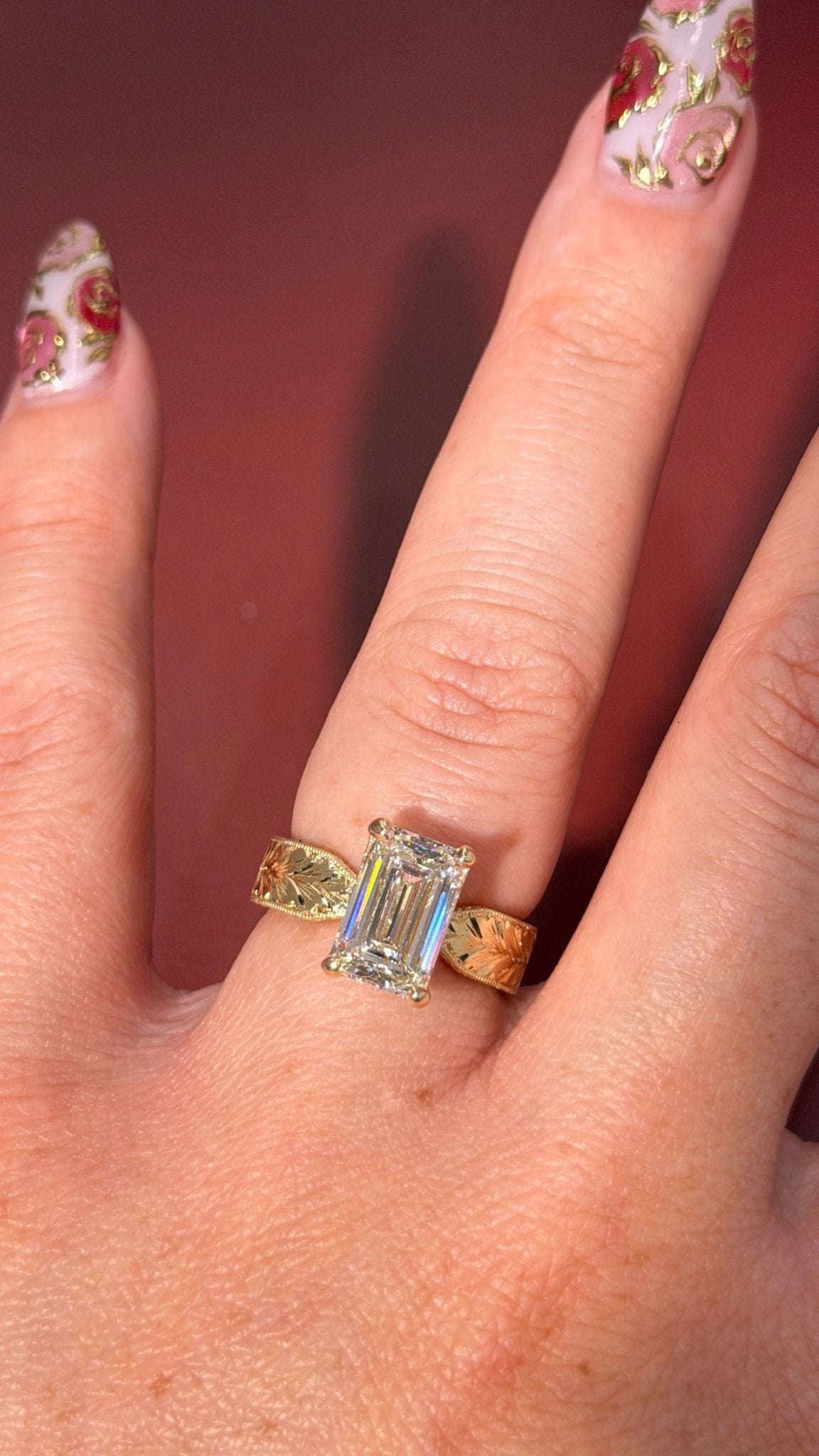 3.00ct E - VS1 Emerald Lab Diamond Hand Engraved Flat Taper Ring - PBD Engagement Rings