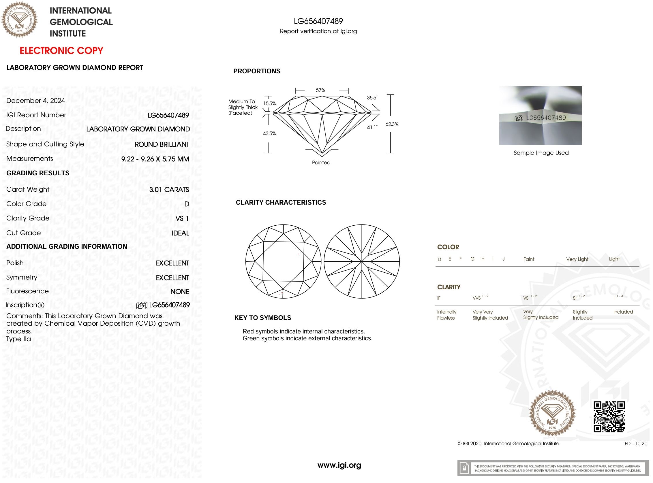 3.01 Carat D-VS1 Round Lab Grown Diamond - IGI (#53792) Loose Diamond Princess Bride Diamonds 
