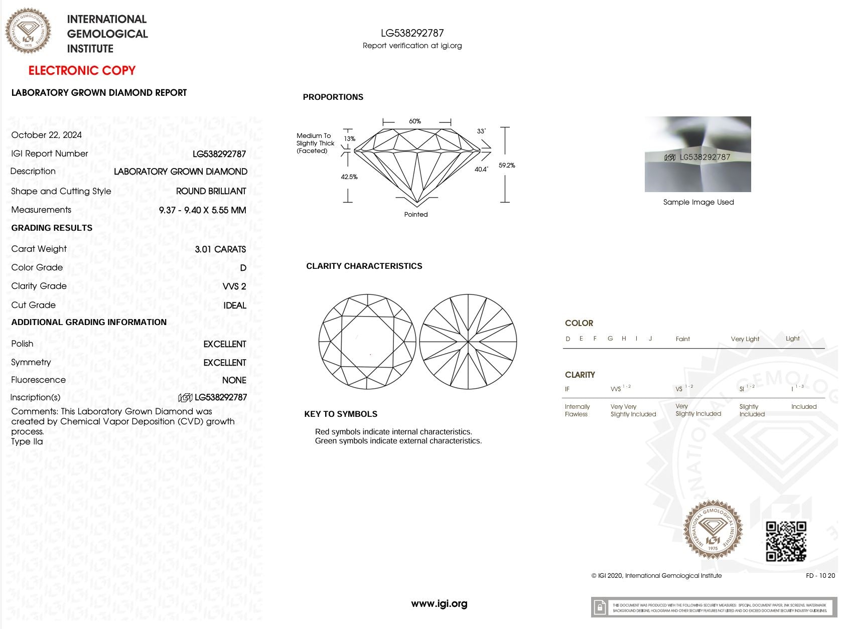 3.01 Carat D-VVS2 Round Lab Grown Diamond - IGI (#51394) Loose Diamond Princess Bride Diamonds 