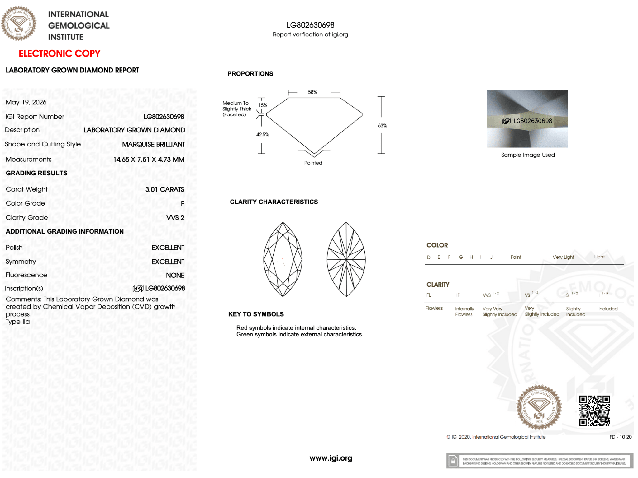 3.01 Carat F-VVS2 Marquise Lab Grown Diamond - IGI (126762) - PBD Loose Diamond