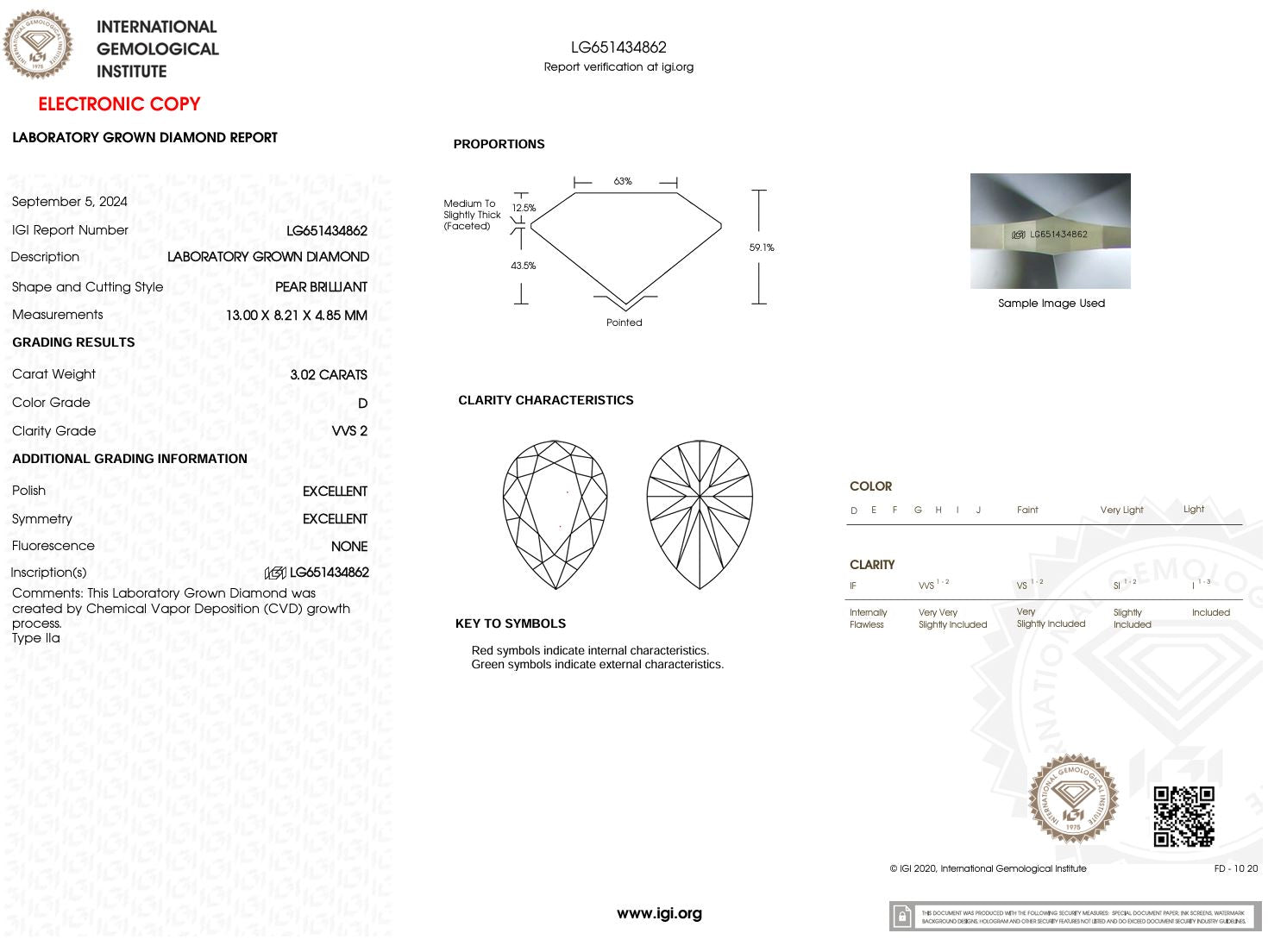 3.02 Carat D-VVS2 Pear Lab Grown Diamond - IGI (#50256) Loose Diamond Princess Bride Diamonds 