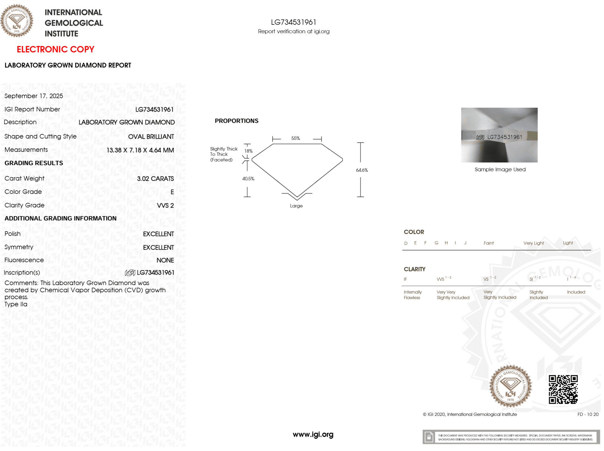 3.02 Carat E - VVS2 Moval Lab Grown Diamond - IGI (123981) - PBD Loose Diamond