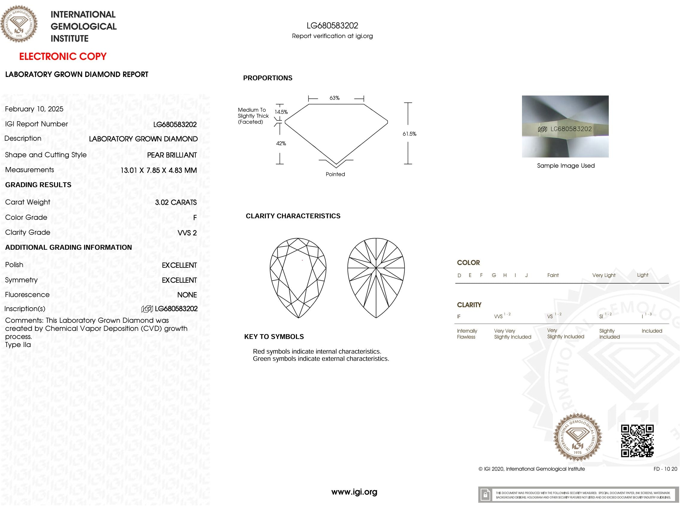 3.02 Carat F-VVS2 Pear Lab Grown Diamond - IGI (#53428) Loose Diamond Princess Bride Diamonds 